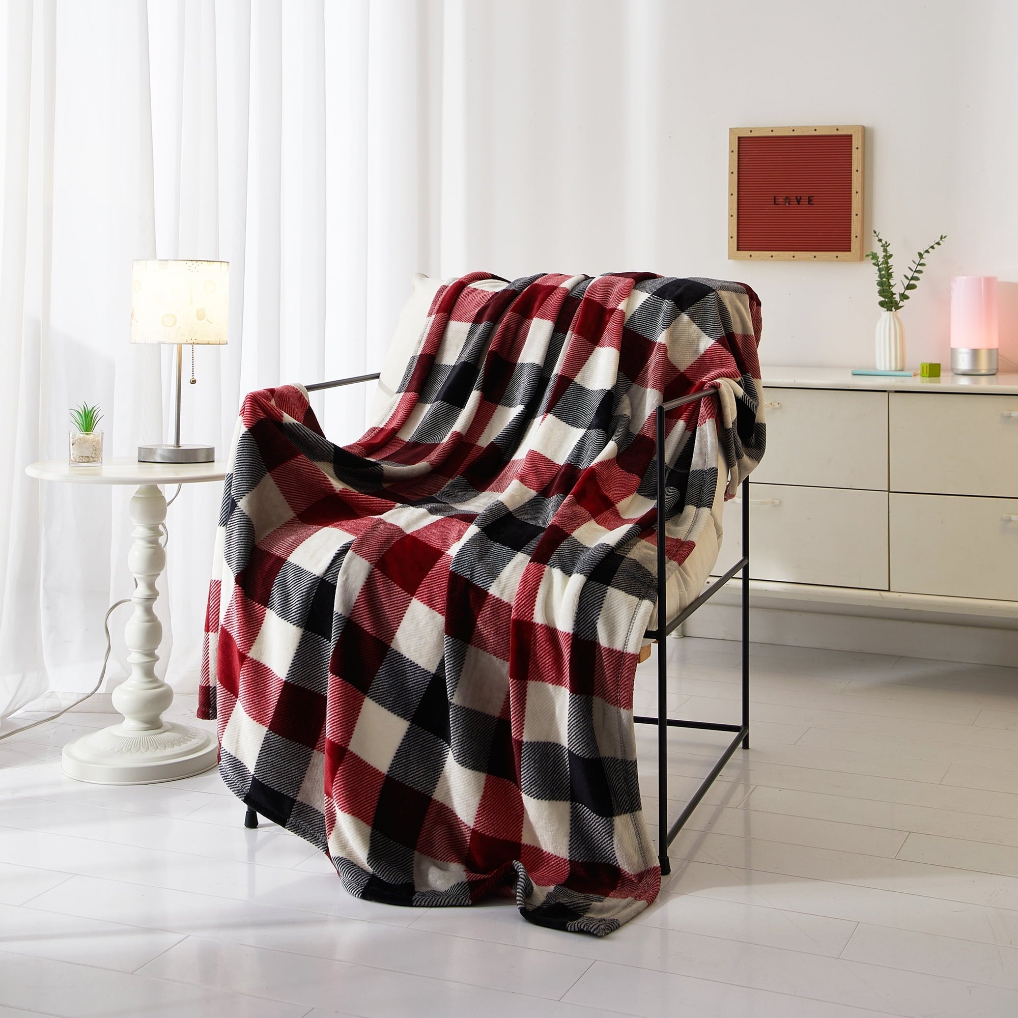 Reversible Sherpa Cozy Plush Throw Blanket, Red Plaid 50" x 60" All Ages - Luxury Knitted Decorative Throw Blanket with Fringes - Default Title