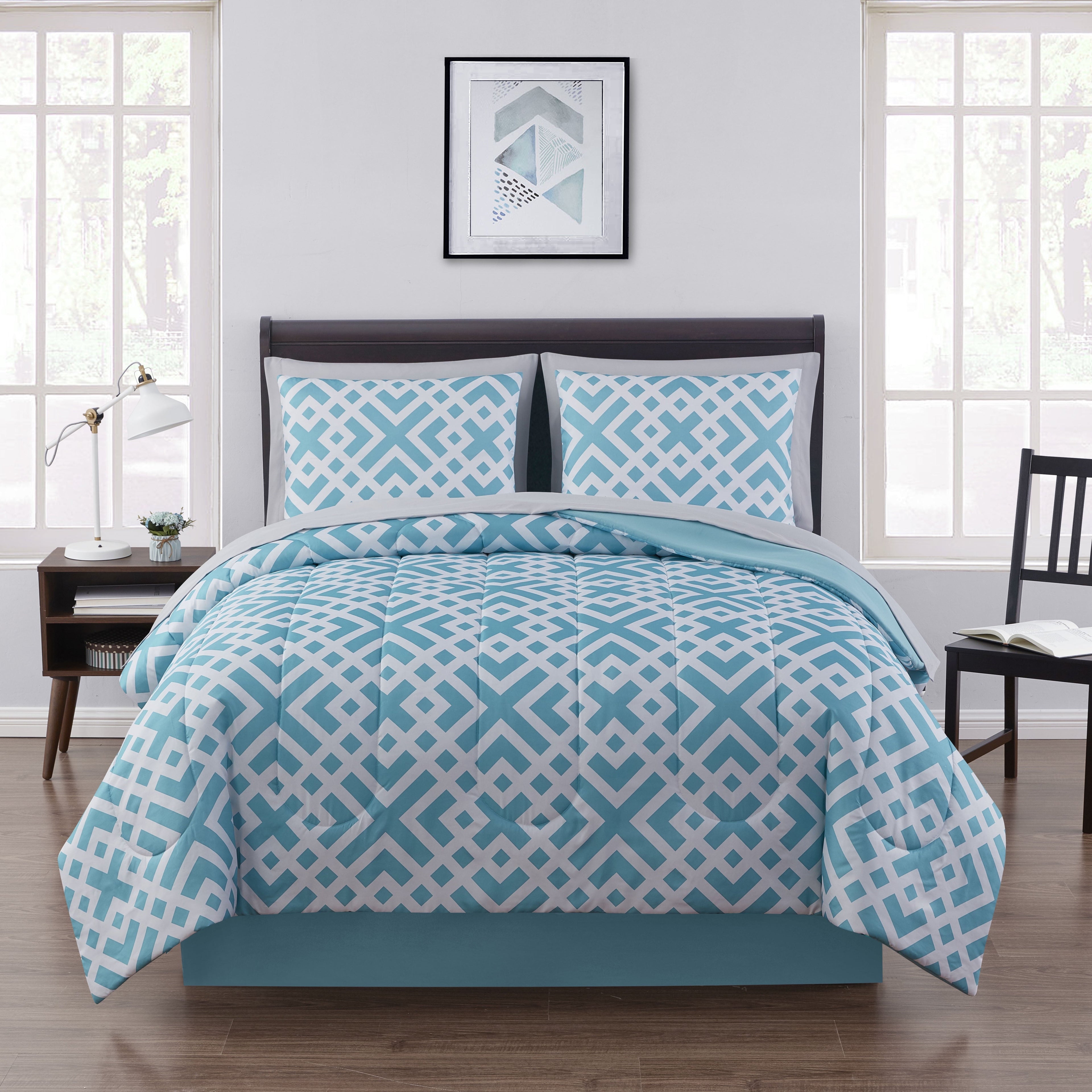 Luxurious Quilted Teal Geometric 6 Piece Bed in a Bag Comforter Set with Sheets, Twin/Twin-XL - Luxurious Quilted Duvet Cover Set - Default Title