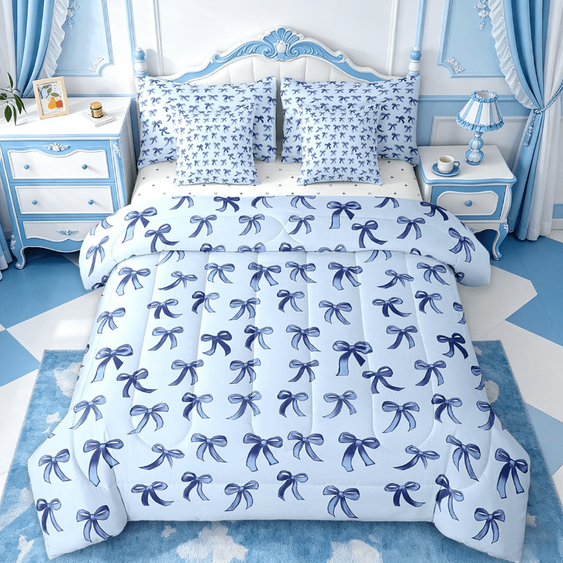 Fluffy Down Alternative Cute Bowknot Twin Bedding Sets 7-Piece,Girls Ribbon Bow Bedding Comforter Set,Dreamy Blue Sheet Sets For Girls,Super ... - Luxurious Quilted Duvet Cover Set - Default Title