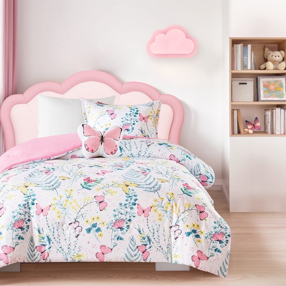Heavyweight Warmth Full/Queen Size Comforter Sets, 4-Piece Kids Bedding Set for Girls, Butterfly Floral Comforter Bed Set, White/Pink - All-Season Down Alternative Comforter Insert - Default Title