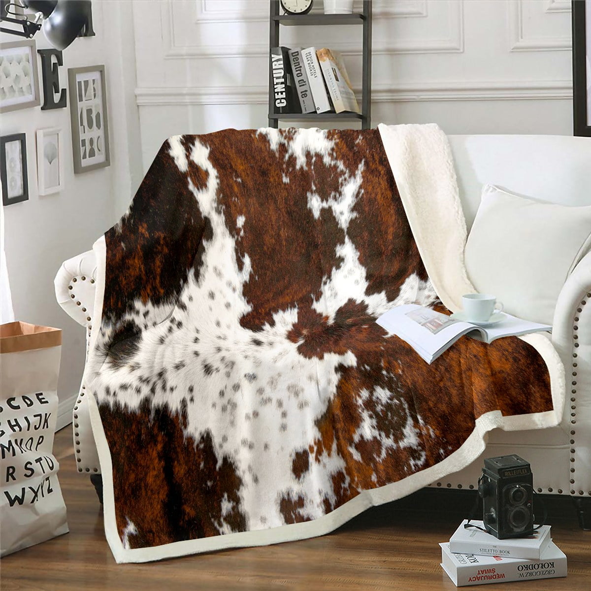 Decorative Knitted Milk Cow Print Throw Blanket for Bed Chair,Black Brown Cowhide Fleece Blanket 50"x60",Farmhouse Rustic Animal Skin We... - Luxury Knitted Decorative Throw Blanket with Fringes - Default Title