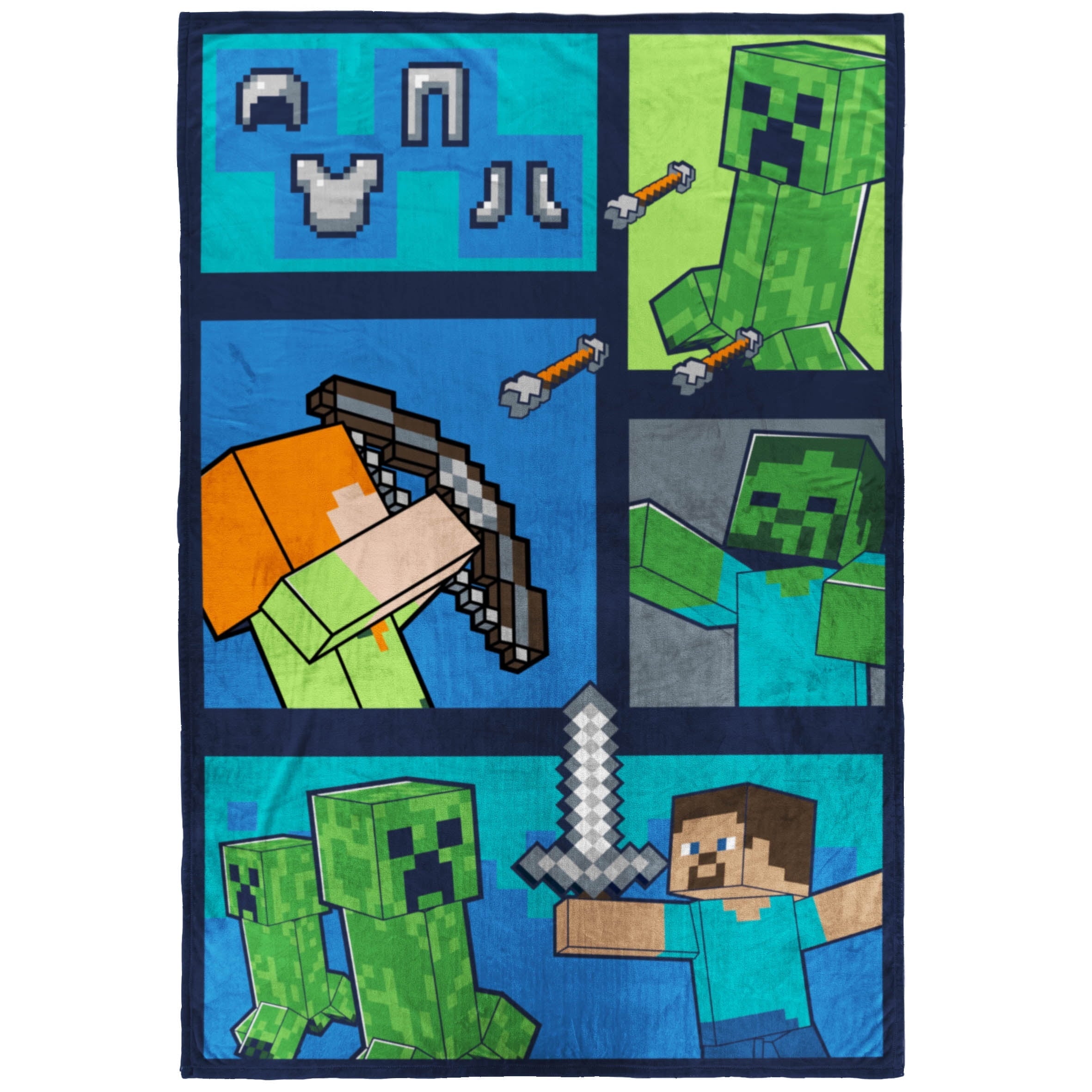 Super Soft Flannel Minecraft Kids Twin/Full Blanket, 62 x 90, Microfiber, Green and Blue - Luxury Knitted Decorative Throw Blanket with Fringes - Default Title