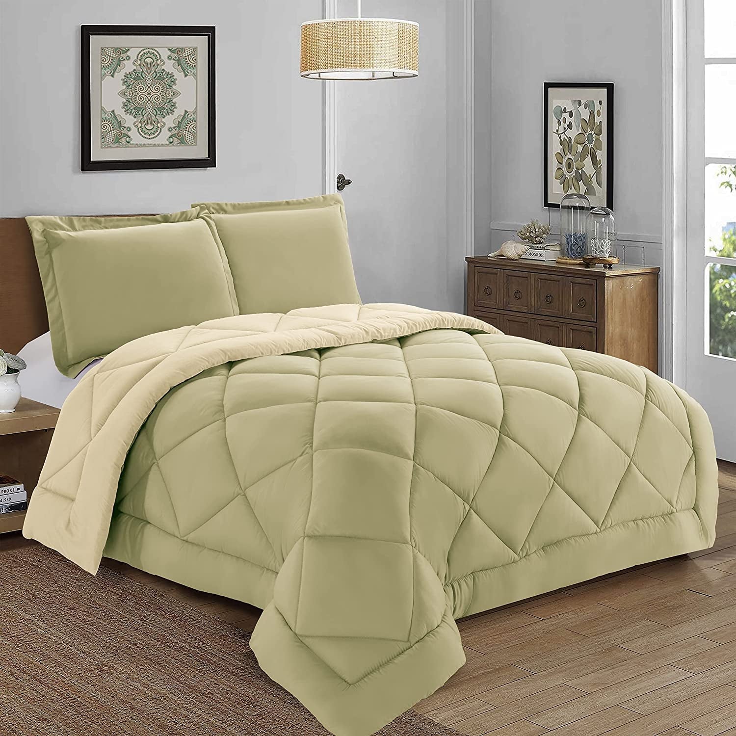 Fluffy Down Alternative 3-Piece Comforter Set - Reversible, Box Stitched Down Alternative, King/California King, All Season Suitable, Sage/Cream - Luxurious Quilted Duvet Cover Set - Default Title