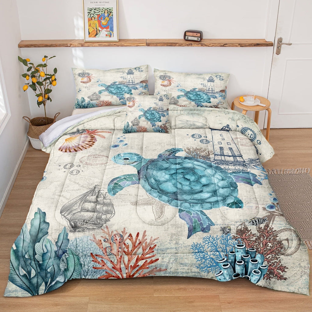 Heavyweight Warmth Sea Turtle Comforter Set Queen Ocean Beach Bedding Set Soft and Lightweight Retro Style Design Coastal Bedding Set - Cloud-Like Soft Lightweight Bed Comforter - Default Title