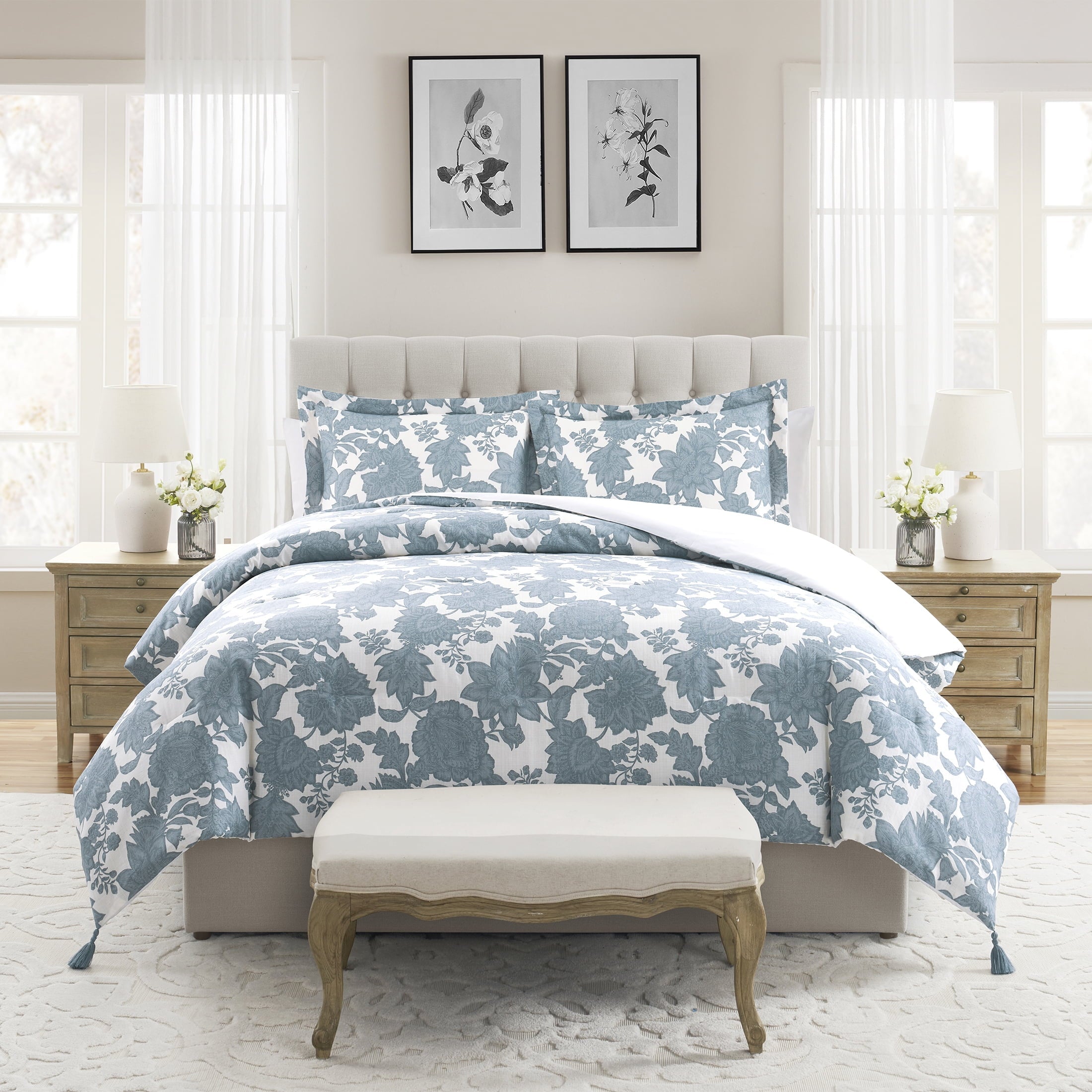 Fluffy Down Alternative Veronica 3-Piece Blue Floral Cotton Slub Comforter Set, King - Luxurious Quilted Duvet Cover Set - Default Title