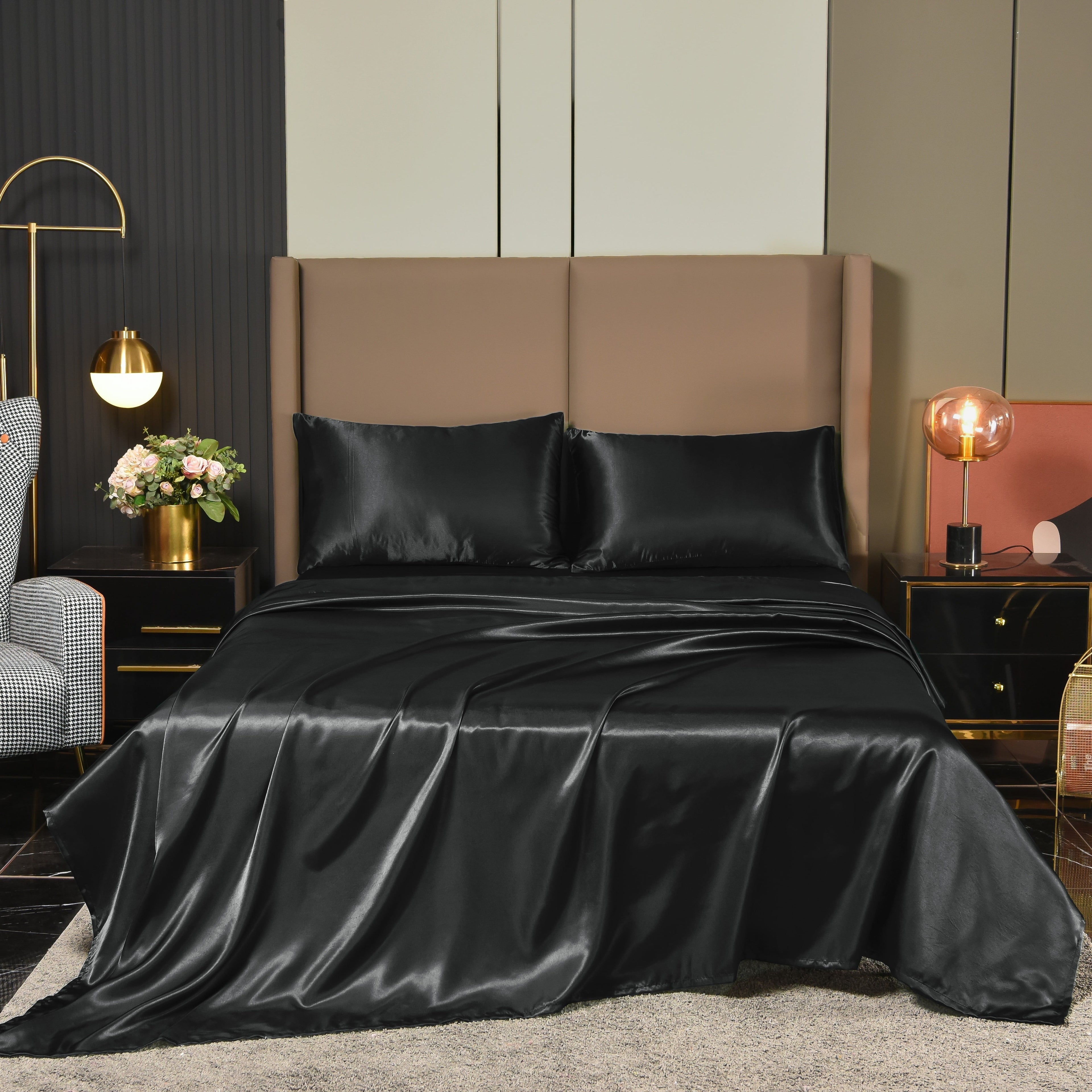 Premium Egyptian Cotton Satin Sheets Full Black Luxury Silky Bed Sheets 1800 Microfiber Sheet Set 4 Pcs - Cooling Hotel Quality Bedding Sheets and Pillowcases - Default Title