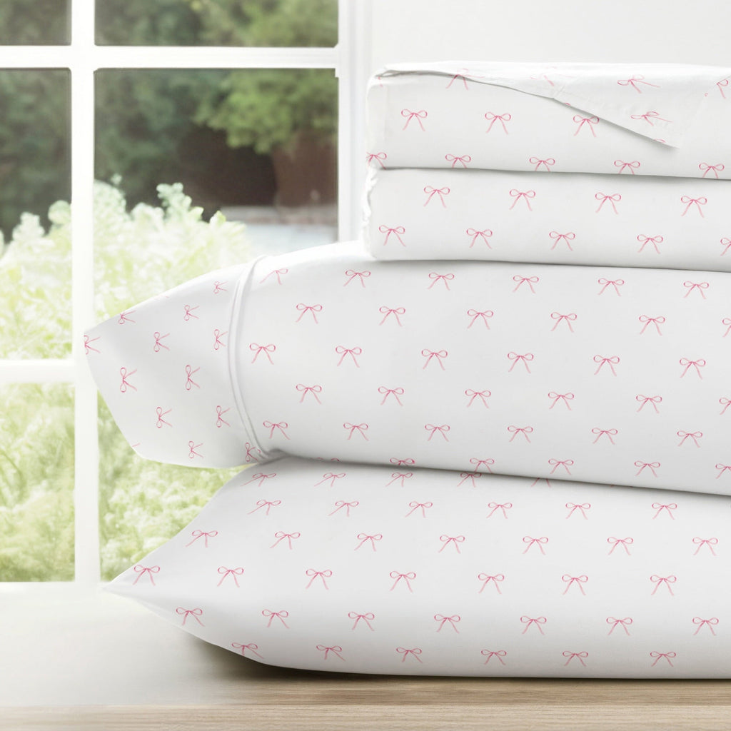 Wrinkle-Resistant 3 Piece Ditsy Pattern Microfiber Bed Sheets, Pink Bows, Twin-XL - Cooling Hotel Quality Bedding Sheets and Pillowcases - Default Title
