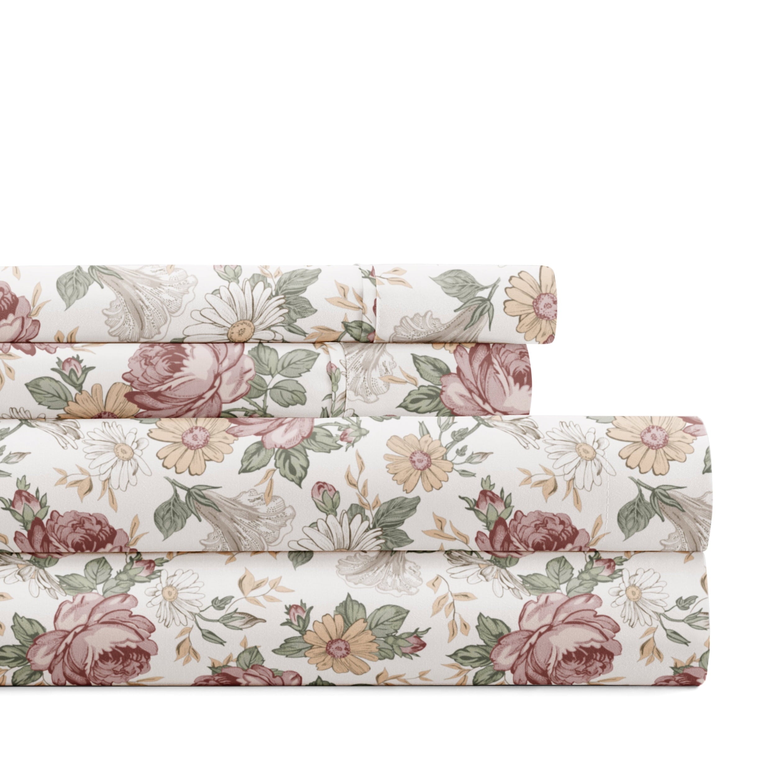 Breathable Luxury 4 Piece Pattern Microfiber Bed Sheets Set, Blooming Floral Rose, Queen - Premium Ultra-Soft Pillowcase Pair for Sleeping - Default Title