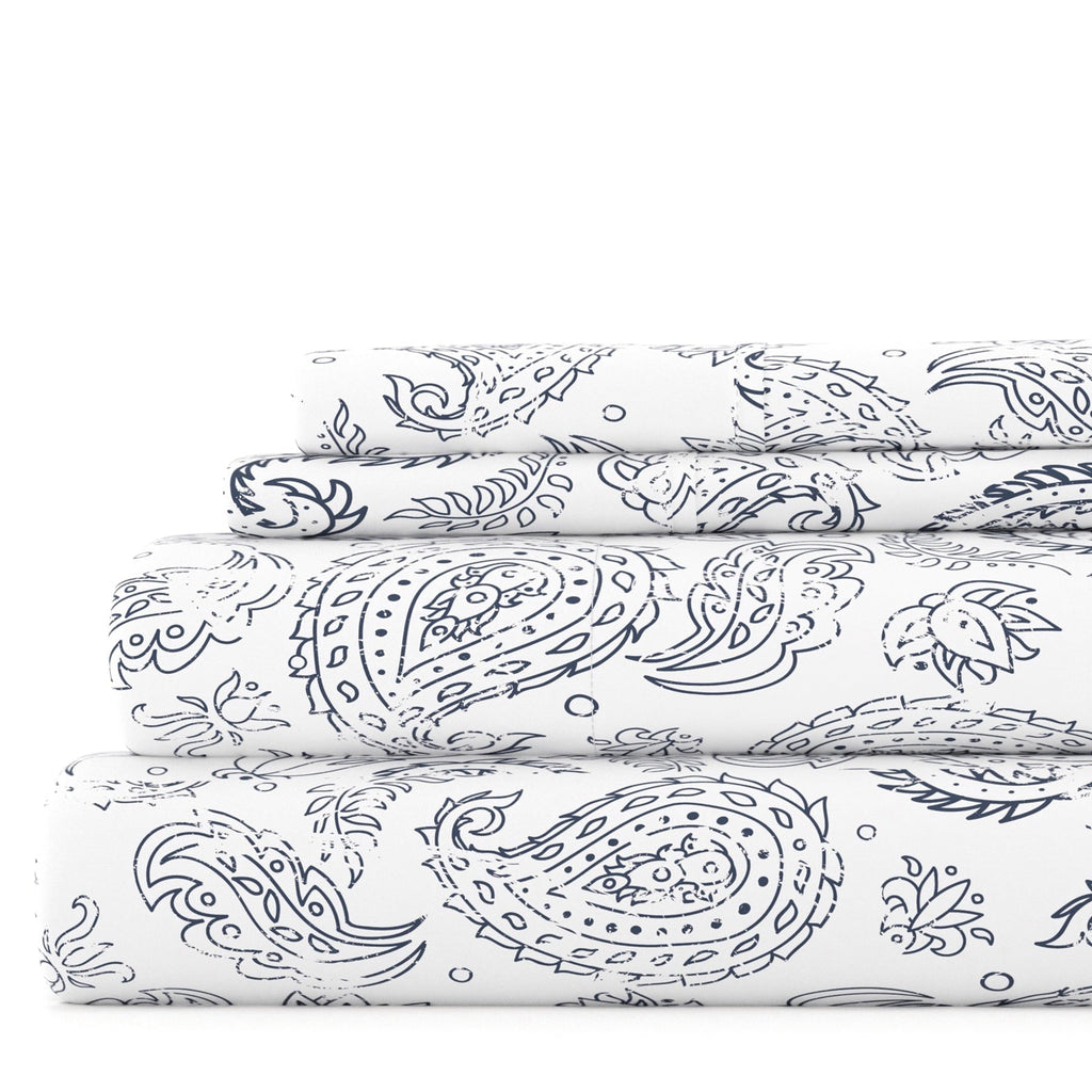 Ultra-Soft 4 Piece Pattern Microfiber Bed Sheets Set, Navy Coarse Paisley, Full - Luxury Bed Sheet Set with Deep Pockets - Default Title