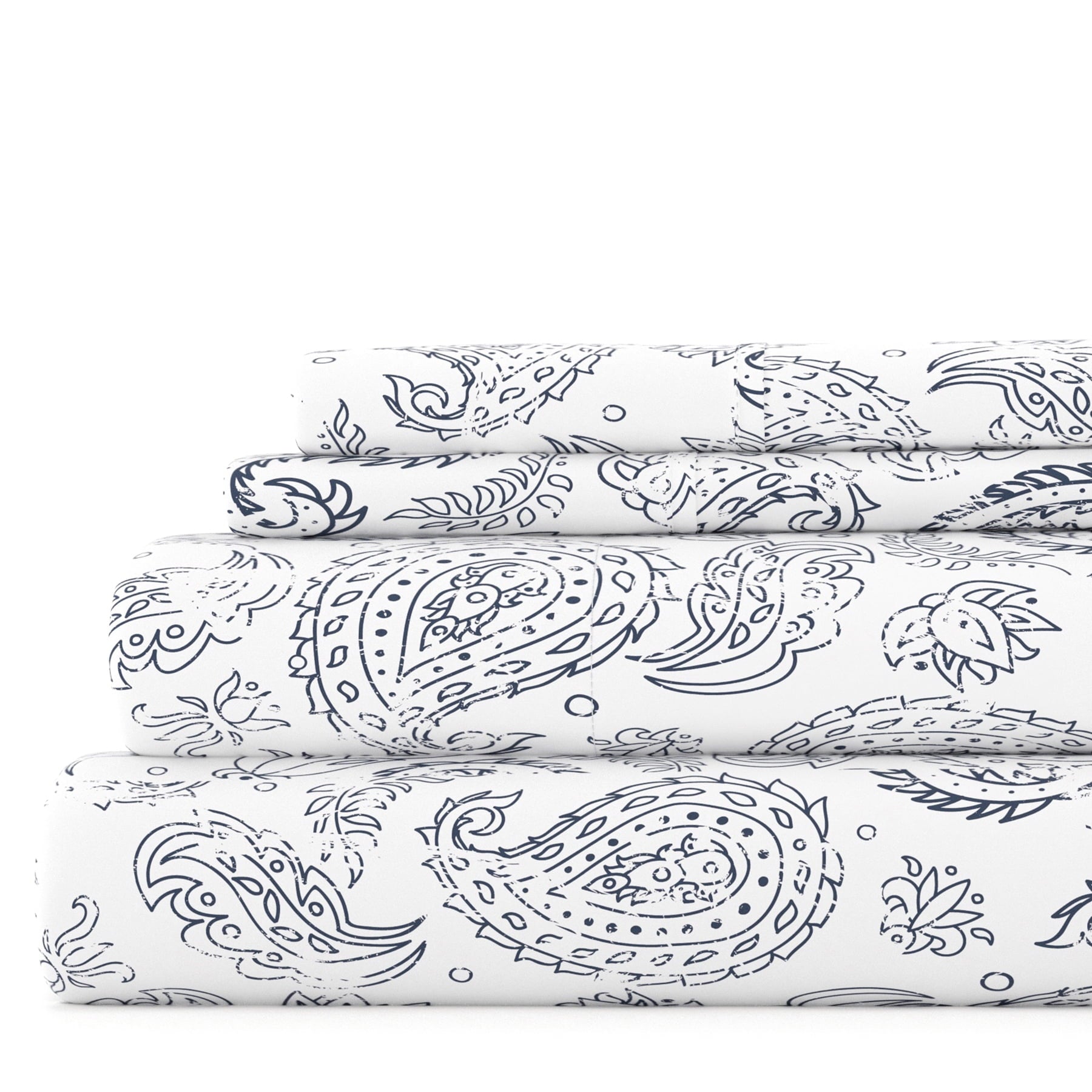 Ultra-Soft 4 Piece Pattern Microfiber Bed Sheets Set, Navy Coarse Paisley, Full - Luxury Bed Sheet Set with Deep Pockets - Default Title
