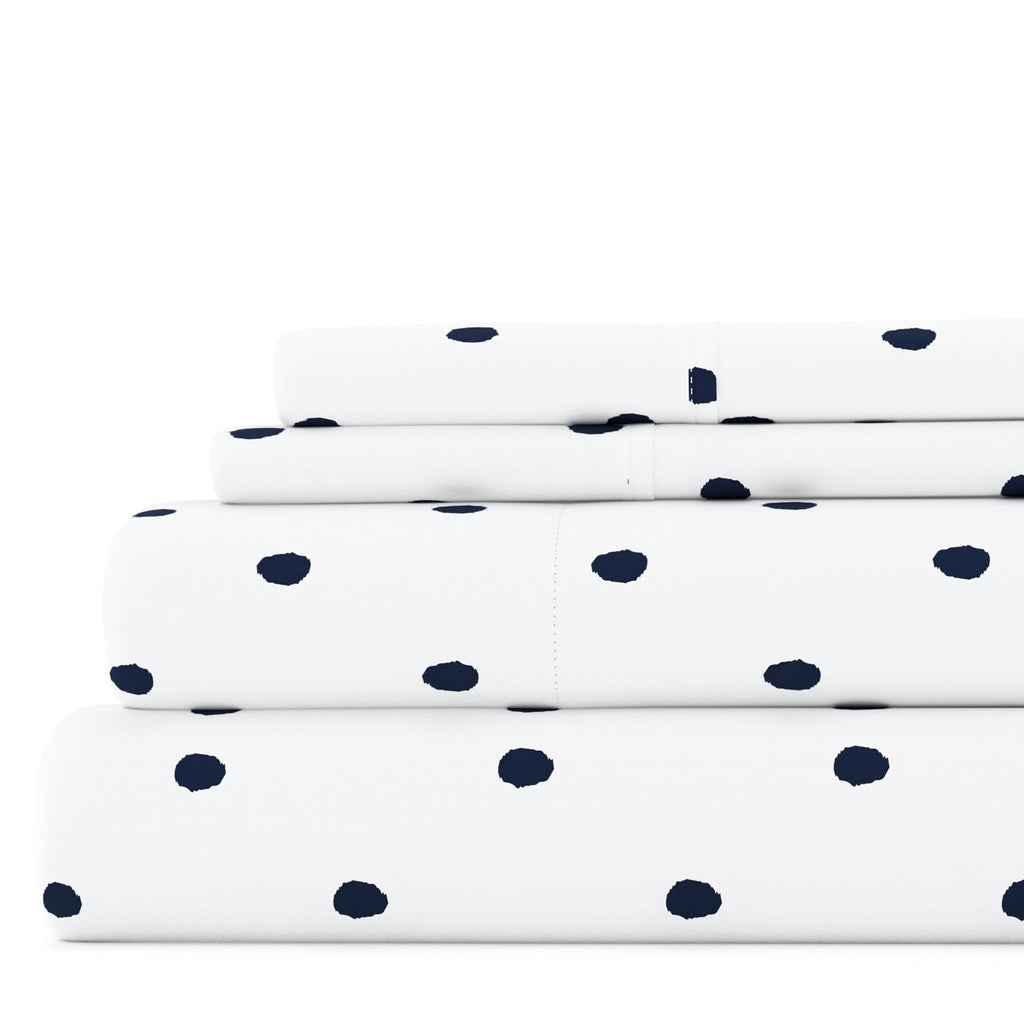 Breathable Luxury 4 Piece Pattern Microfiber Bed Sheets Set, Navy Dots, California King - Luxury Bed Sheet Set with Deep Pockets - Default Title