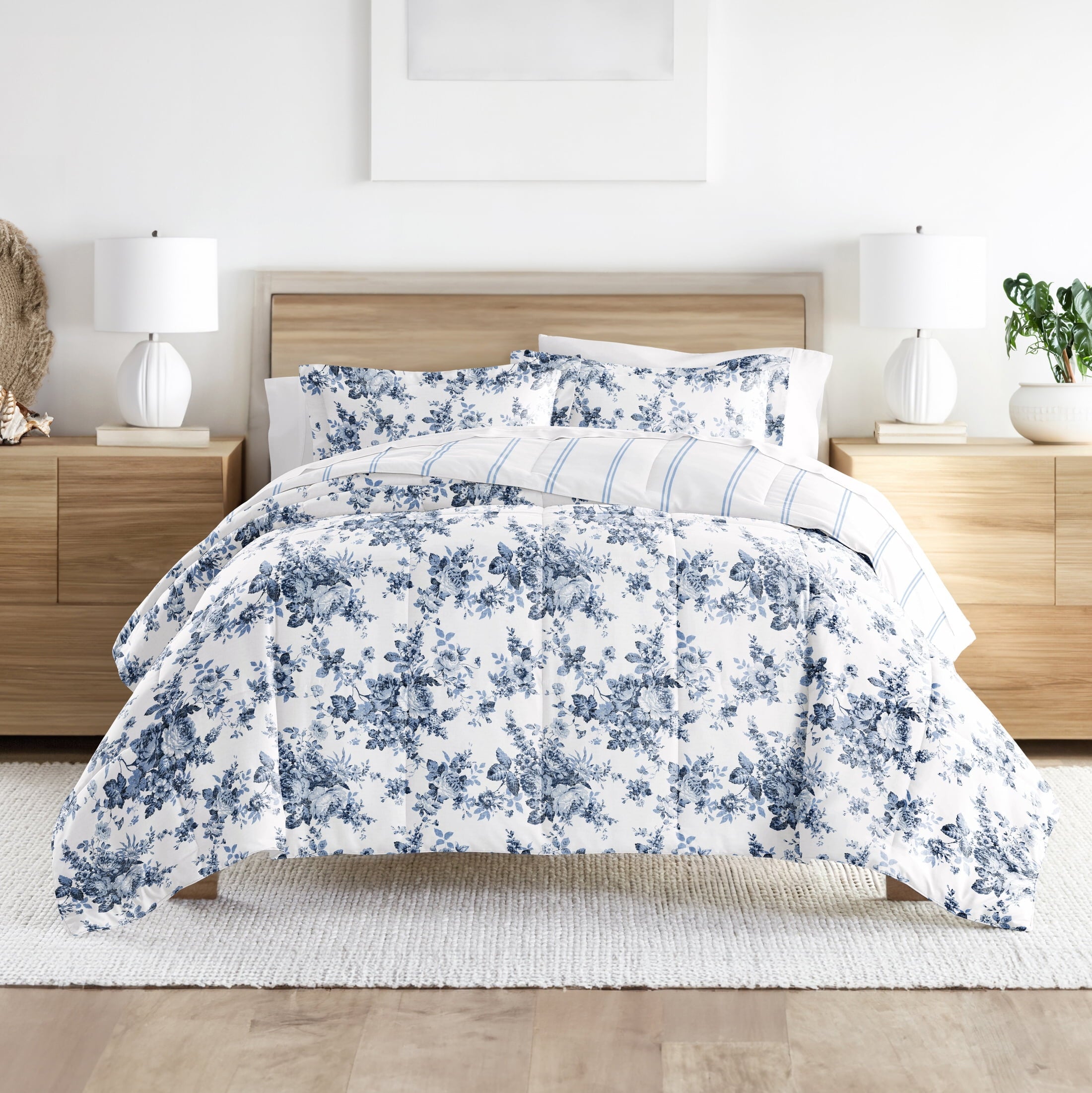 Luxurious Quilted Down Alternative Cabbage Rose Stripe Stone Reversible Comforter Set - Luxurious Quilted Duvet Cover Set - Default Title