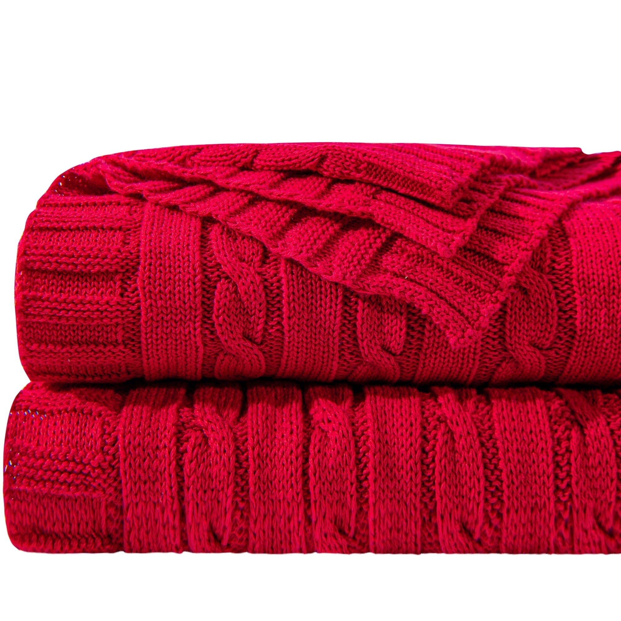 Reversible Sherpa 100% Cotton Cable Knit Throw, Super Soft Warm Knitted Blanket Home Decor, 51"x67", Red - Luxury Knitted Decorative Throw Blanket with Fringes - Default Title