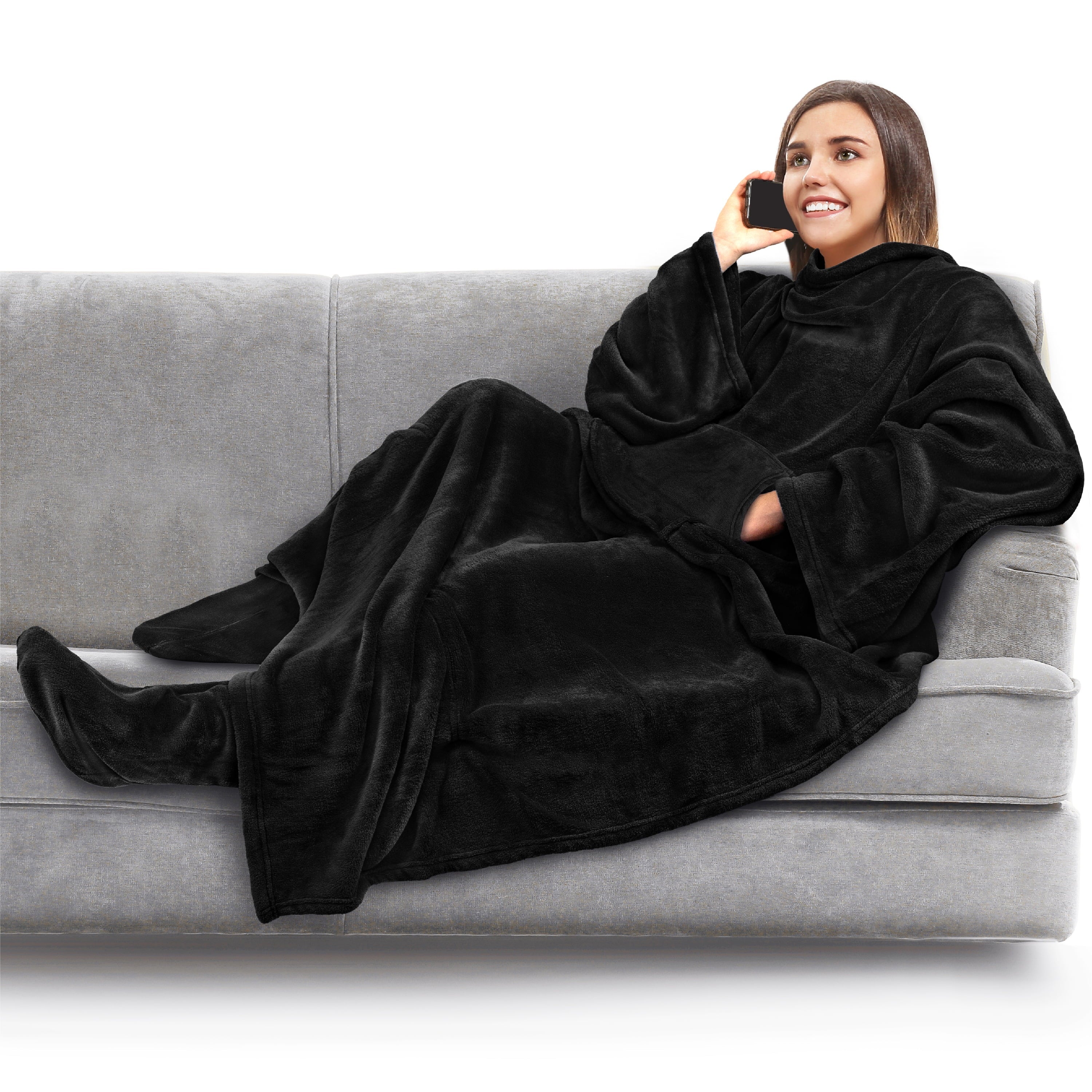 Lightweight Warm Fleece Blanket with Sleeves, Foot Pockets for Women Men Adults, Plush Wearable Blanket Throw Wrap, Warm Snuggle Blank... - Luxury Knitted Decorative Throw Blanket with Fringes - Default Title