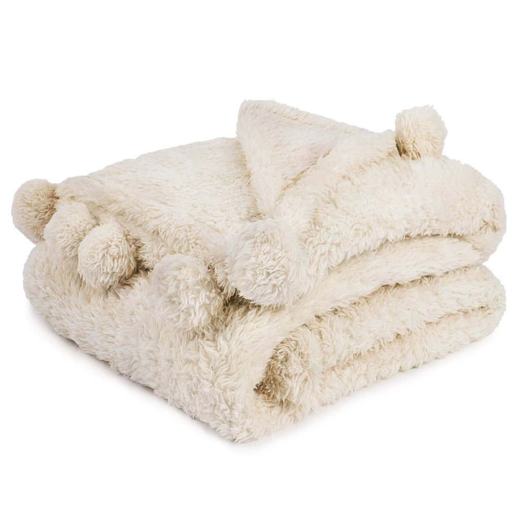 Reversible Sherpa Ivory Cream Sherpa Throw Blanket with Soft Pom Pom Fringe, Plush Cozy Warm Blankets for Couch Bed Sofa, Fuzzy Fleece ... - Luxury Knitted Decorative Throw Blanket with Fringes - Default Title