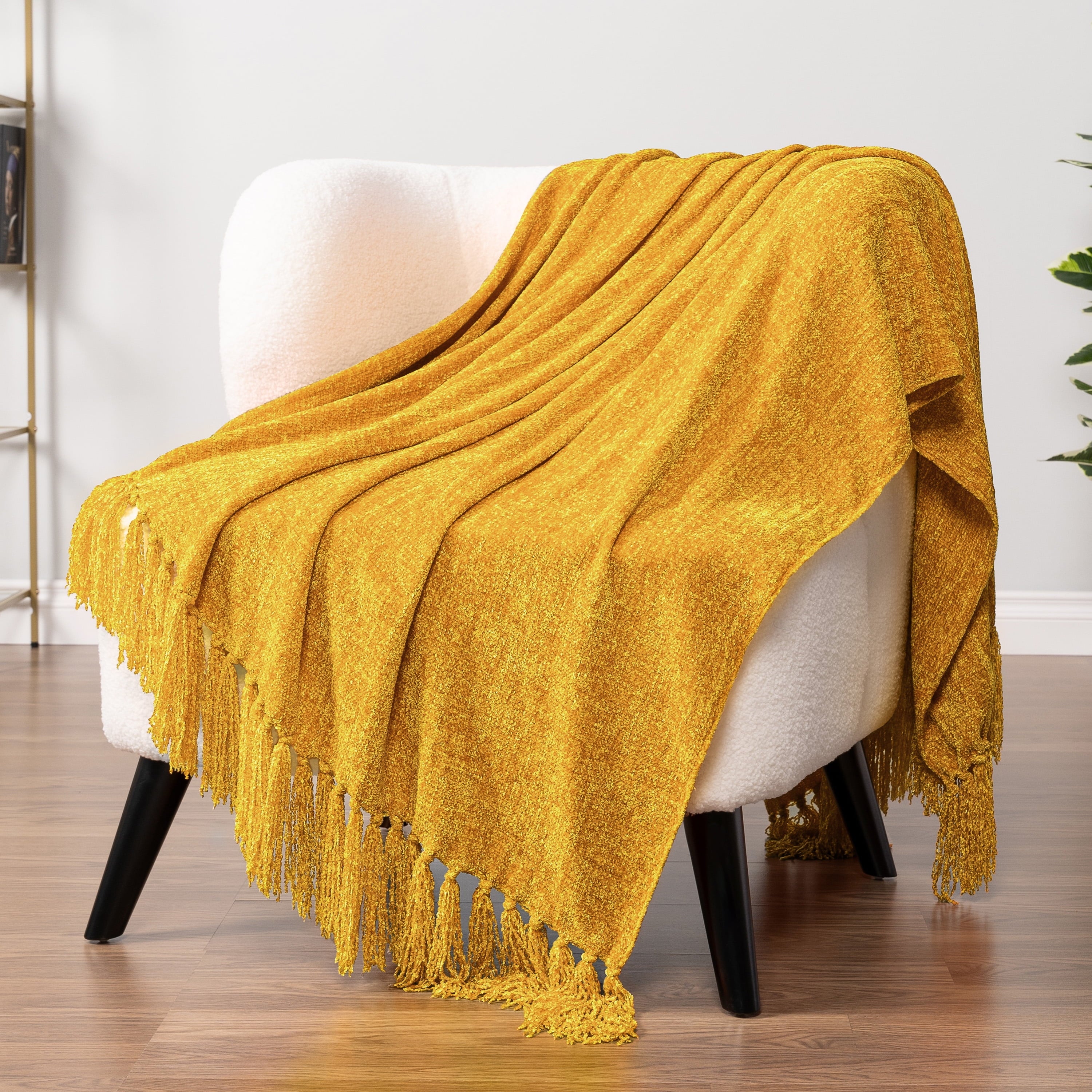 Lightweight Warm Mustard Yellow Chenille Throw Blanket for Couch, Soft Gold Knit Blanket with Tassel Fringe, Woven Chenille Knitted De... - Lightweight Plush Warm Blanket for All Seasons - Default Title