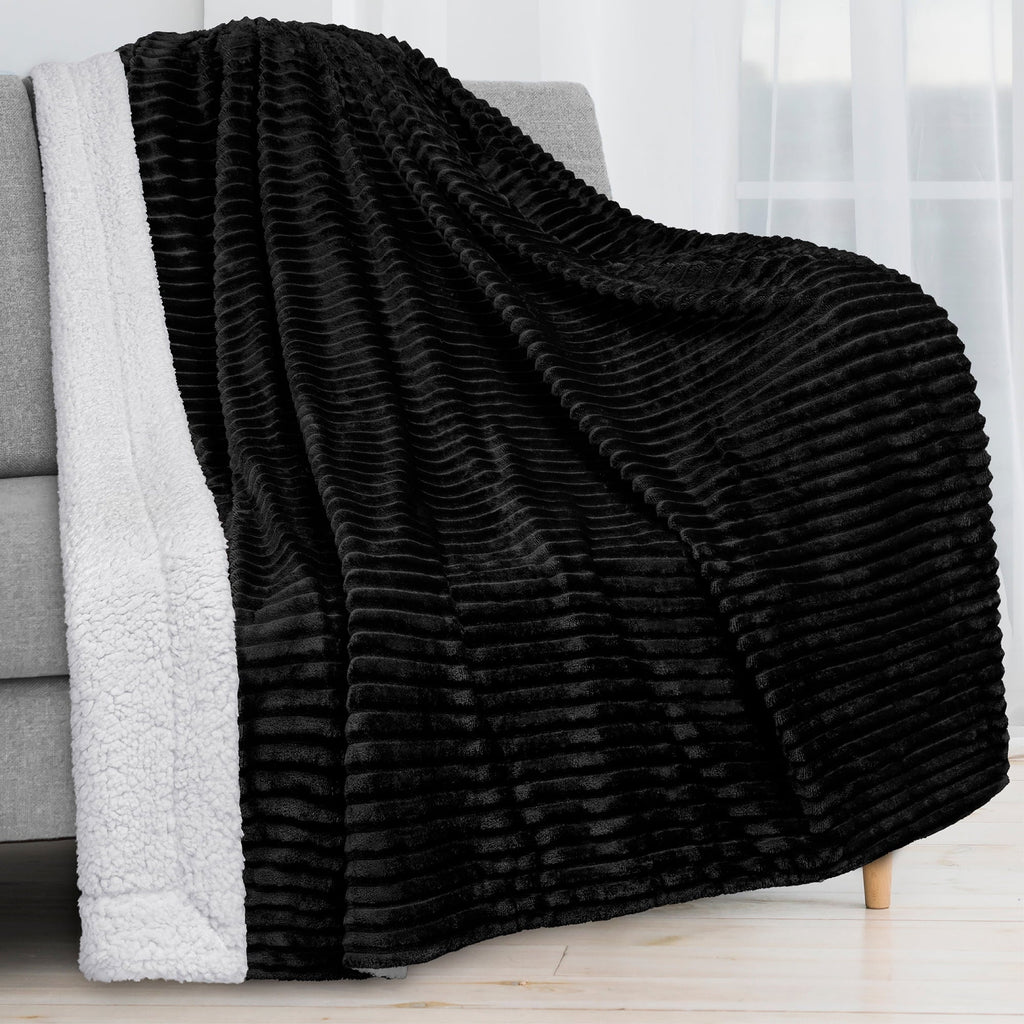 Decorative Knitted Reversible Sherpa Fleece Throw Blanket Black, Plush Flannel Throw, Ultra Soft Warm Ribbed Microfiber Blanket for Sofa... - Super Soft Reversible Sherpa Flannel Blanket - Default Title
