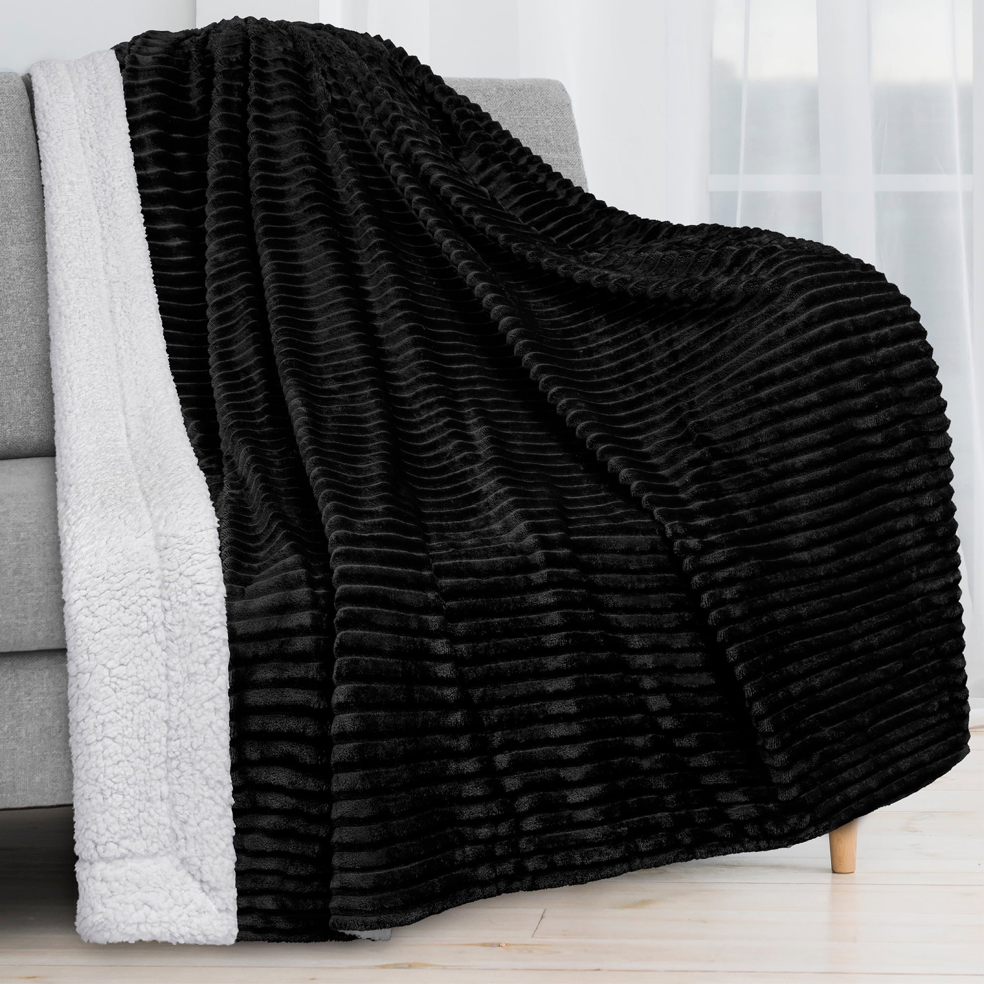 Decorative Knitted Reversible Sherpa Fleece Throw Blanket Black, Plush Flannel Throw, Ultra Soft Warm Ribbed Microfiber Blanket for Sofa... - Super Soft Reversible Sherpa Flannel Blanket - Default Title