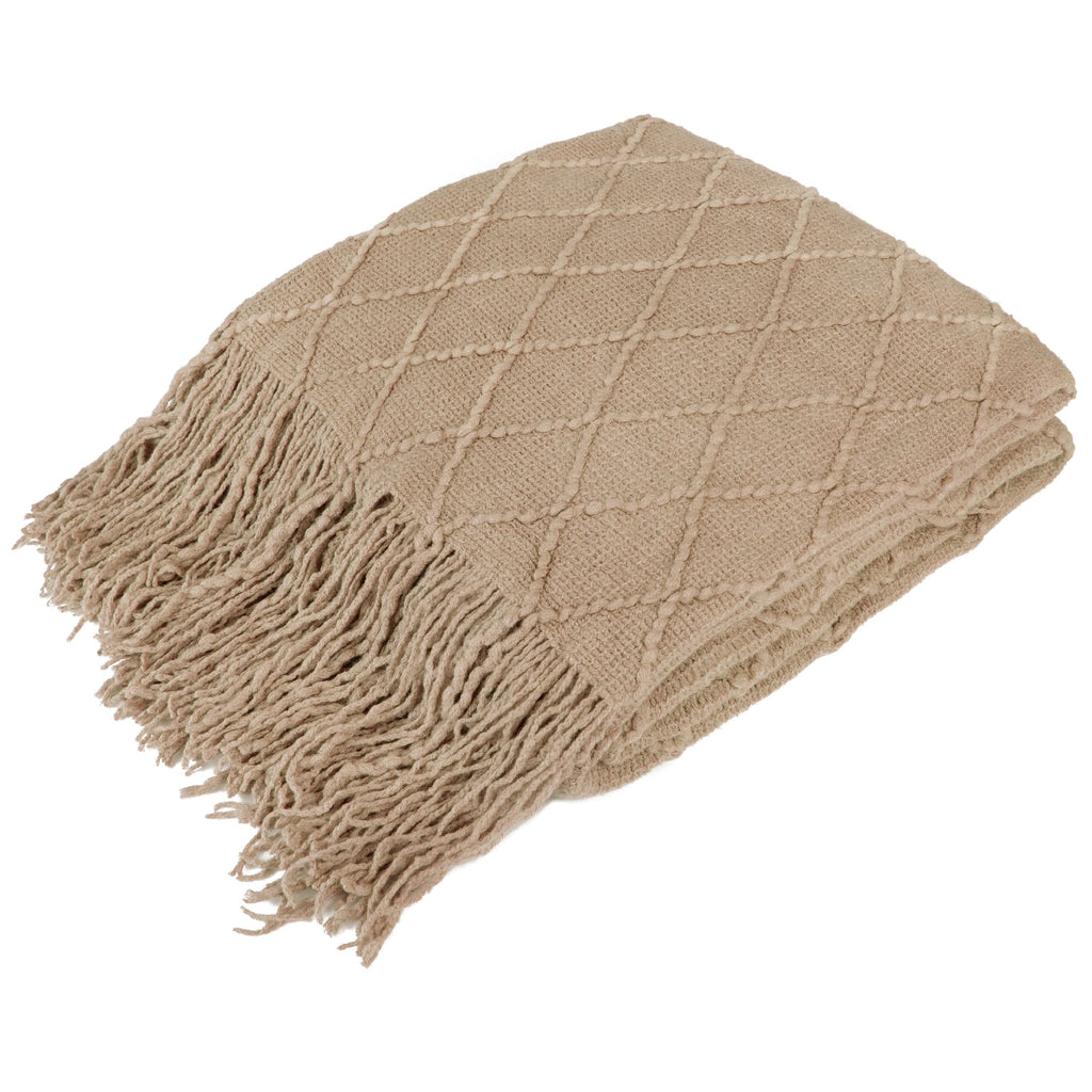 Lightweight Warm Tan Taupe Knit Throw Blanket for Couch Bed, Soft Knitted Farmhouse Sofa Throw for Living Room, Lightweight Decorative... - Luxury Knitted Decorative Throw Blanket with Fringes - Default Title