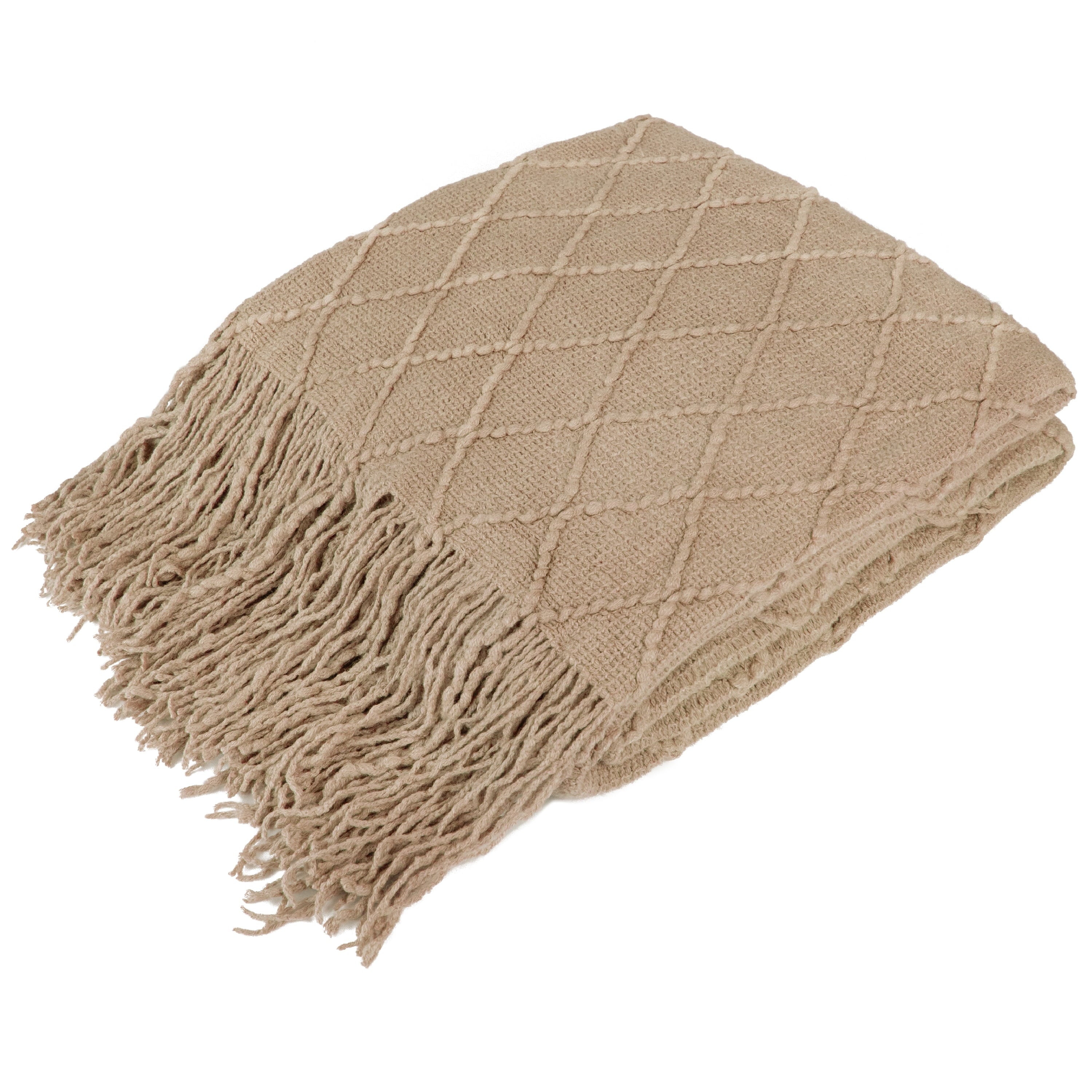 Lightweight Warm Tan Taupe Knit Throw Blanket for Couch Bed, Soft Knitted Farmhouse Sofa Throw for Living Room, Lightweight Decorative... - Luxury Knitted Decorative Throw Blanket with Fringes - Default Title