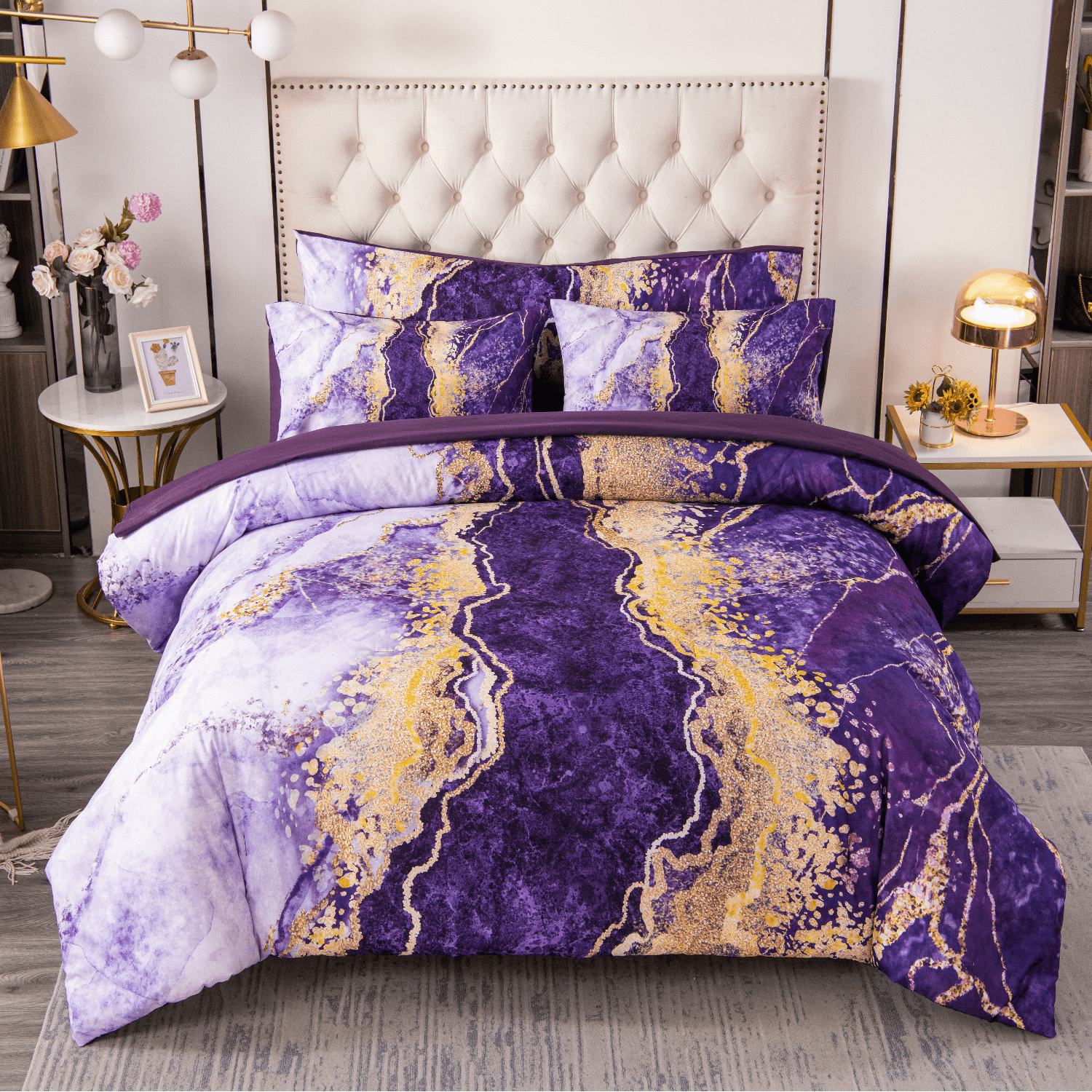Hypoallergenic Cloud 6 Pieces Queen Size Comforter Set Purple,Watercolor Marble Colorful Purple Bedding,Ultra Soft Purple Bed Set with Com... - All-Season Down Alternative Comforter Insert - Default Title