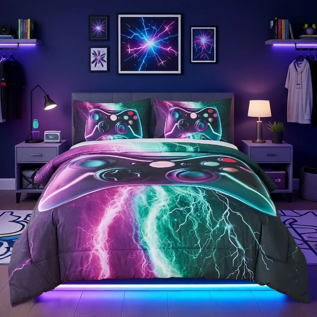Fluffy Down Alternative Queen Size Gaming Comforter Set for Boys,3-Piece 3D Green Purple Lightning Game Controller Bedding Set for Kids Teens - All-Season Down Alternative Comforter Insert - Default Title