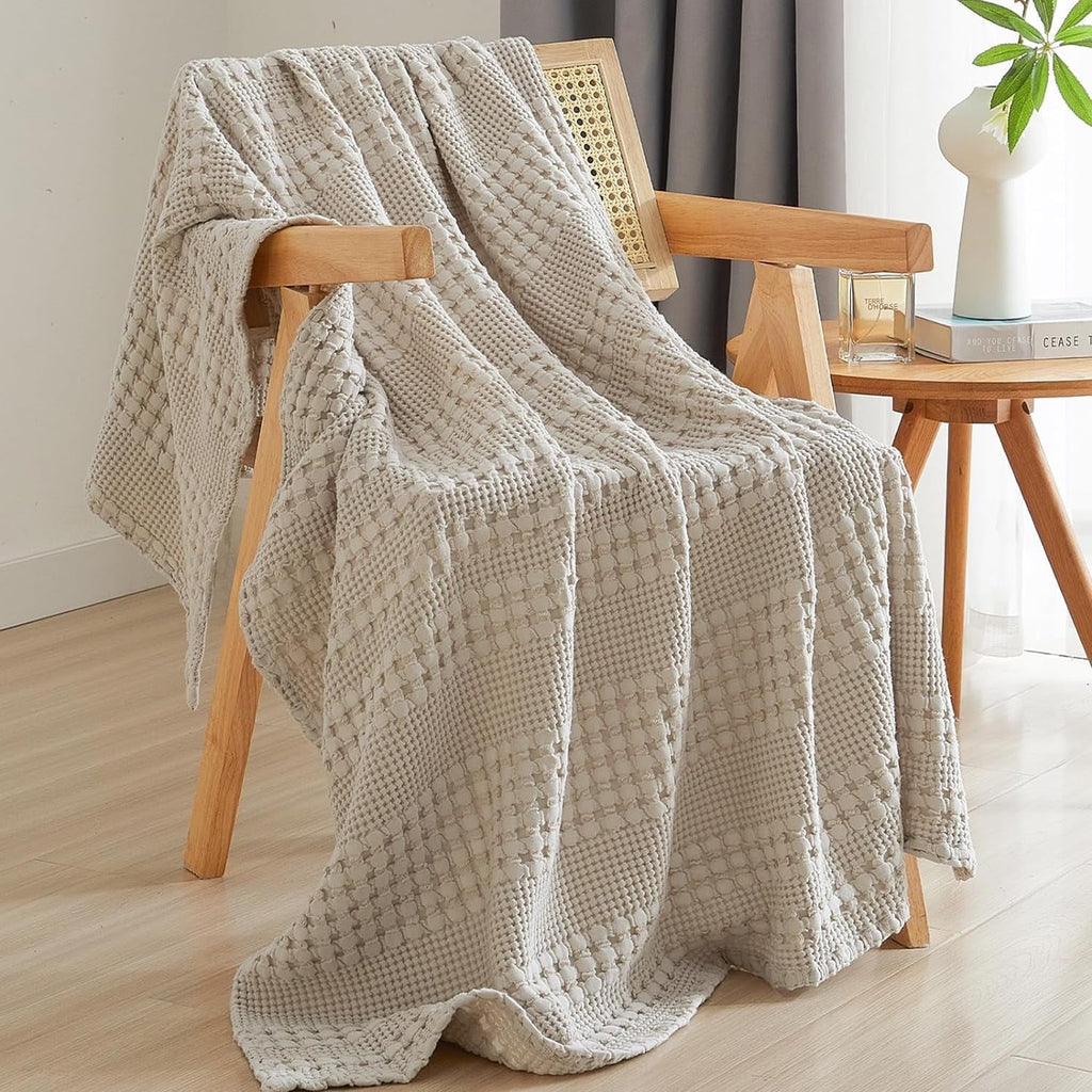 Reversible Sherpa 100% Cotton Waffle Weave Blanket, Lightweight Throw Washed Blanket for Bed Sofa Home Decor, Oatmeal, 50"x60" - Luxury Knitted Decorative Throw Blanket with Fringes - Default Title