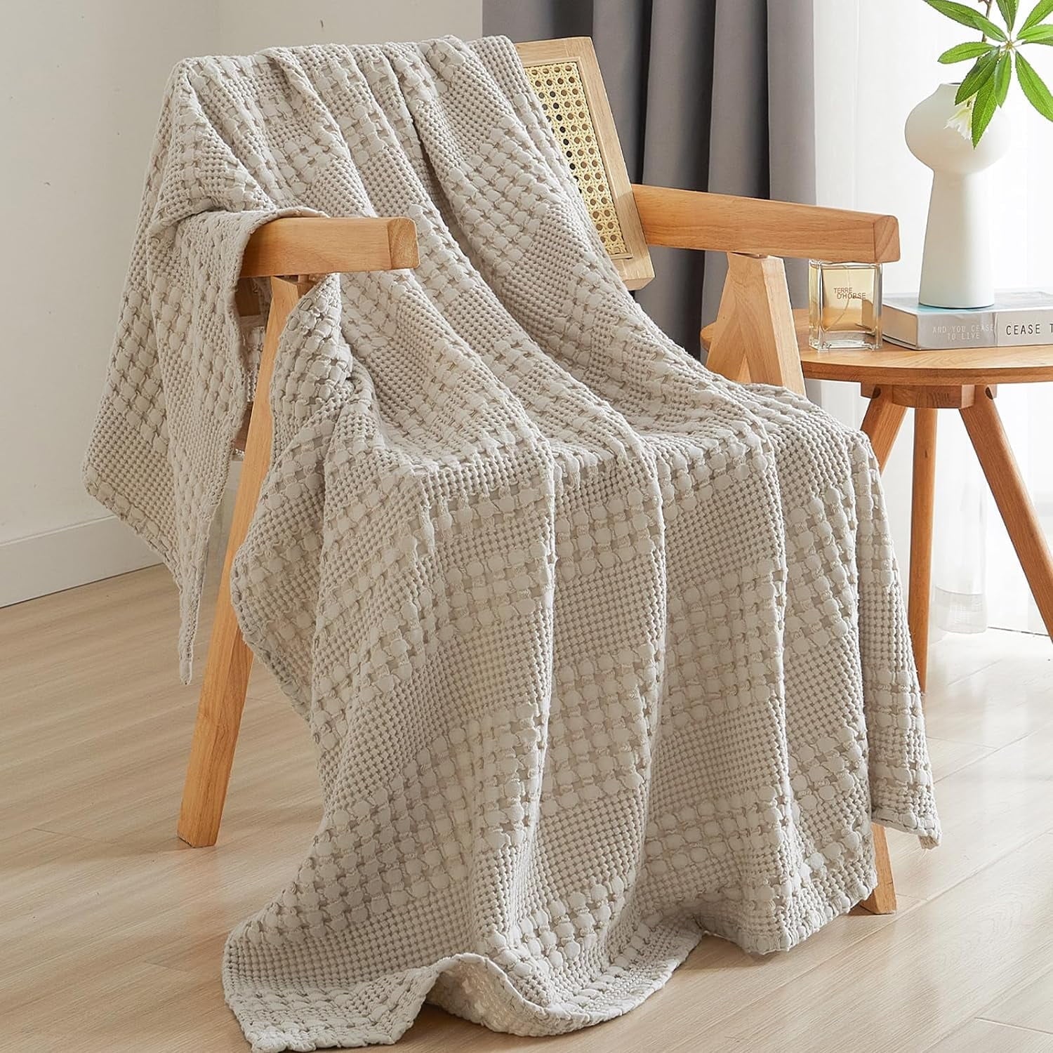 Reversible Sherpa 100% Cotton Waffle Weave Blanket, Lightweight Throw Washed Blanket for Bed Sofa Home Decor, Oatmeal, 50"x60" - Luxury Knitted Decorative Throw Blanket with Fringes - Default Title