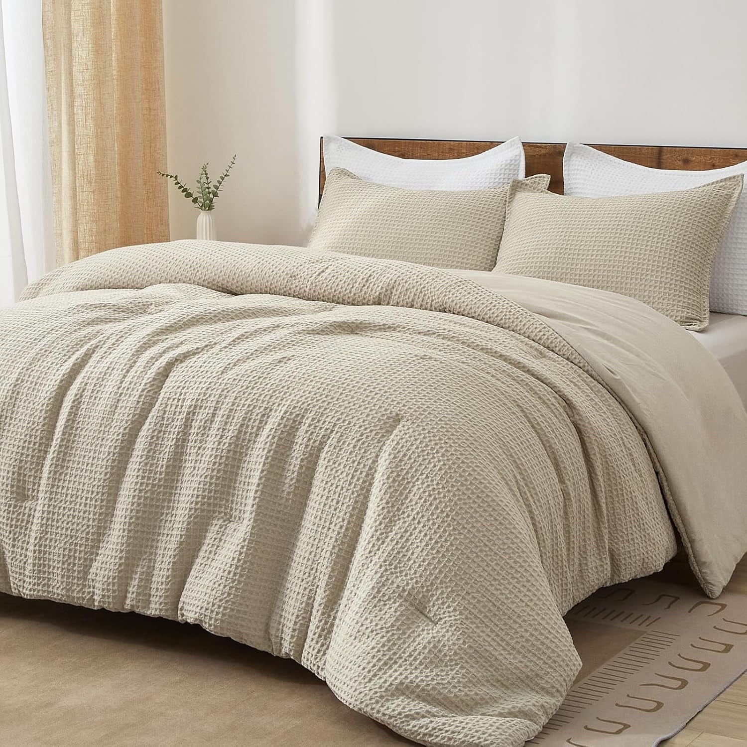 Luxurious Quilted 3-Piece Waffle Weave Comforter Set Queen Size, Lightweight Comfy Bedding Set for All Season, Ultra Soft Textured 1 Co... - Cloud-Like Soft Lightweight Bed Comforter - Default Title