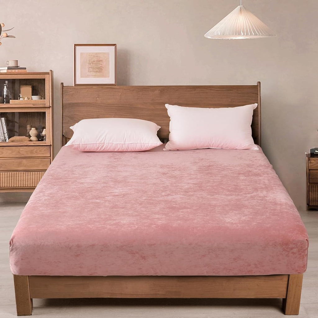 Cooling Sateen Truly Velvet Fitted Sheet Twin Size, Luxury Super Soft Flannel Bottom Sheet with 15" Deep Pocket for Winter, Pink - Cooling Hotel Quality Bedding Sheets and Pillowcases - Default Title