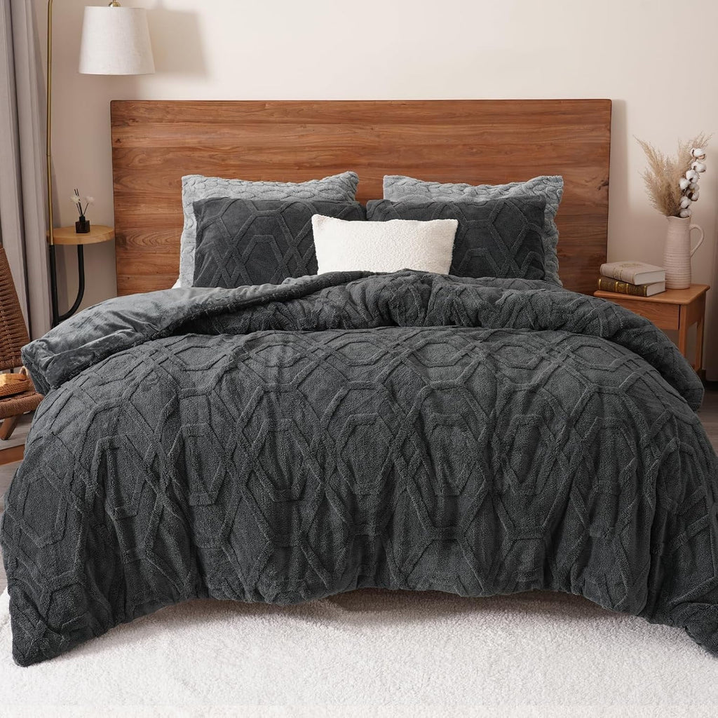 Fluffy Down Alternative Warm Sherpa Fleece Queen Comforter Set, 3D Tufted Fluffy Dark Grey Bedding for Winter, Soft 3 Pieces Shaggy Bed Set, ... - All-Season Down Alternative Comforter Insert - Default Title