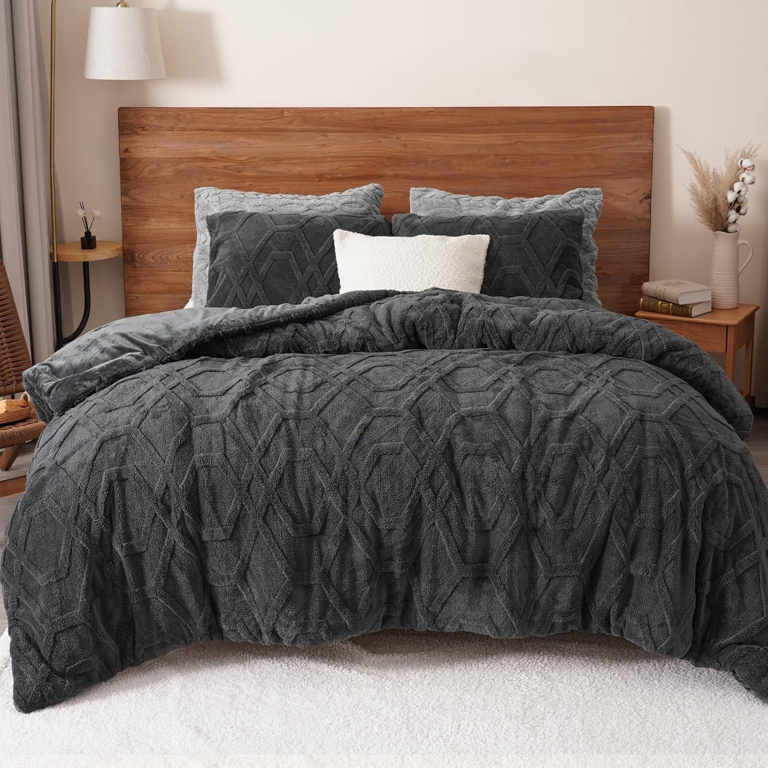 Fluffy Down Alternative Warm Sherpa Fleece Queen Comforter Set, 3D Tufted Fluffy Dark Grey Bedding for Winter, Soft 3 Pieces Shaggy Bed Set, ... - All-Season Down Alternative Comforter Insert - Default Title