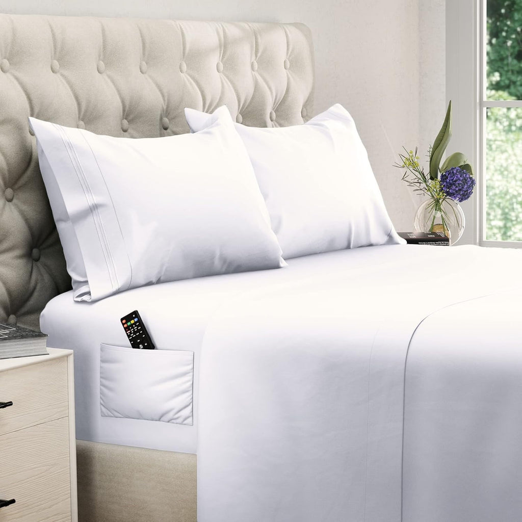 Ultra-Soft Set, Soft Microfiber 4 Piece Hotel Luxury Bed s with Deep Pockets, Embroidered Pillow Cases, Side Storage Pocket Fitt... - Cooling Hotel Quality Bedding Sheets and Pillowcases - Default Title