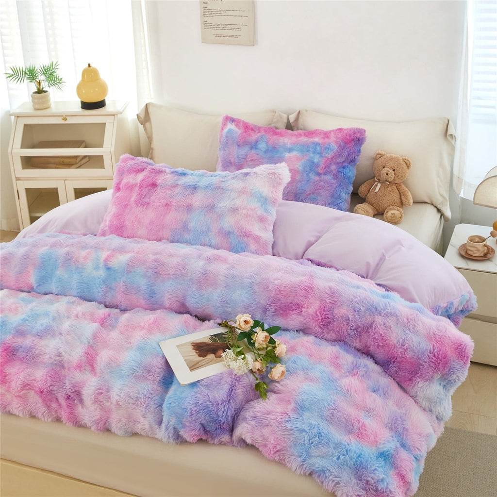 Luxurious Quilted Faux Rabbit Fur Comforter Set Twin 3Pcs Girls Blue Purple Bedding Set Tie-Dyeing Soft Bed Comforter Set Warm Fuzzy Ki... - Luxurious Quilted Duvet Cover Set - Default Title