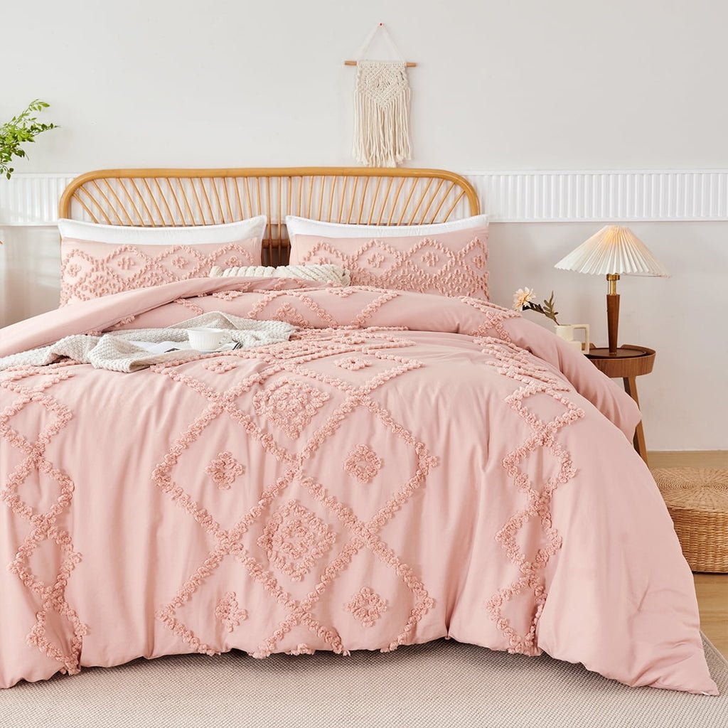 Fluffy Down Alternative Pink Diamond Jacquard Comforter Set Queen 3 Pcs Bohemian Tufts Quilt Set for Kids Girls Adult 100% Soft Microfiber Be... - All-Season Down Alternative Comforter Insert - Default Title