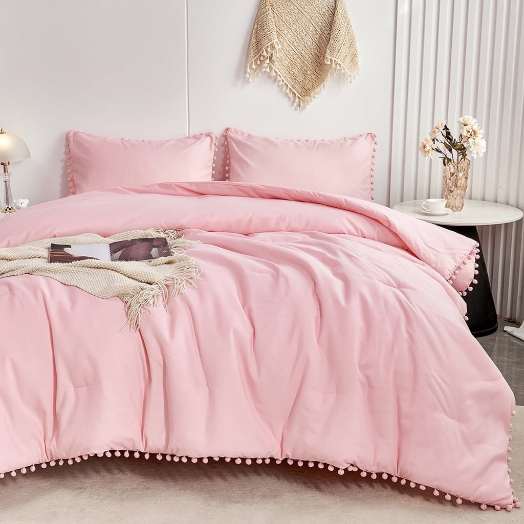Fluffy Down Alternative Pink Full Size Comforter Set Pom Fringe 3 Pcs Boho Chic Cute Ball Pom Blush Bedding Set Cali Soft Lightweight Solid B... - Cloud-Like Soft Lightweight Bed Comforter - Default Title
