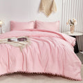 Fluffy Down Alternative Pink Full Size Comforter Set Pom Fringe 3 Pcs Boho Chic Cute Ball Pom Blush Bedding Set Cali Soft Lightweight Solid B... - Cloud-Like Soft Lightweight Bed Comforter - Default Title