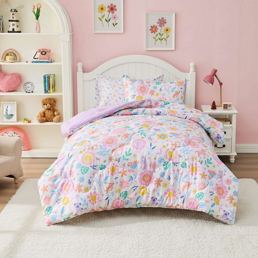 Heavyweight Warmth Floral Comforter Set, Soft Microfiber Flower Bedding Set, 5 Pieces with Comforter, Sheets and Pillowcases, Twin - Luxurious Quilted Duvet Cover Set - Default Title