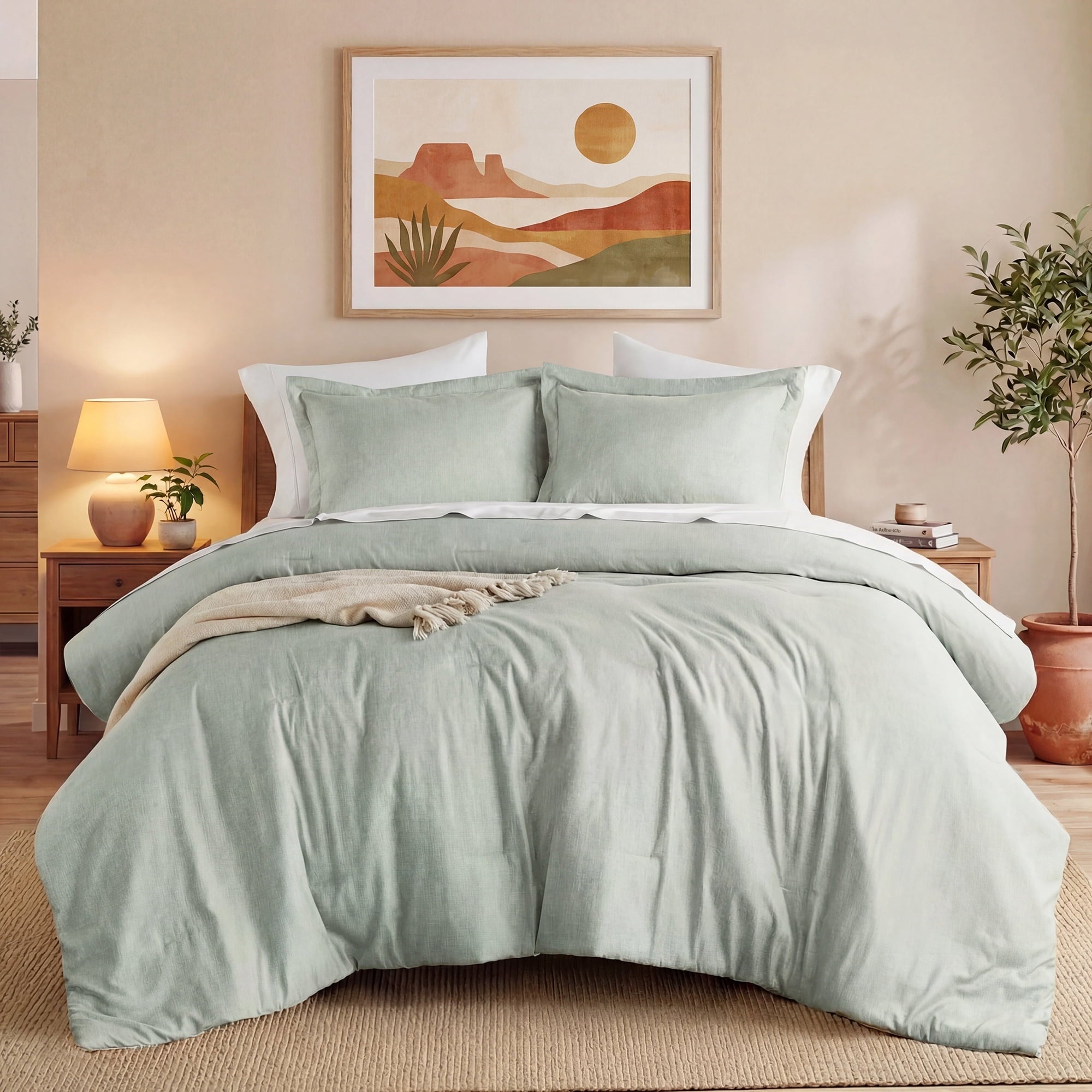 Luxurious Quilted Full/Queen Comforter Sets, Reversible 3 Piece Extra Soft Bedding Set, Chambray Print Sage Green Comforter Bed Set wit... - All-Season Down Alternative Comforter Insert - Default Title
