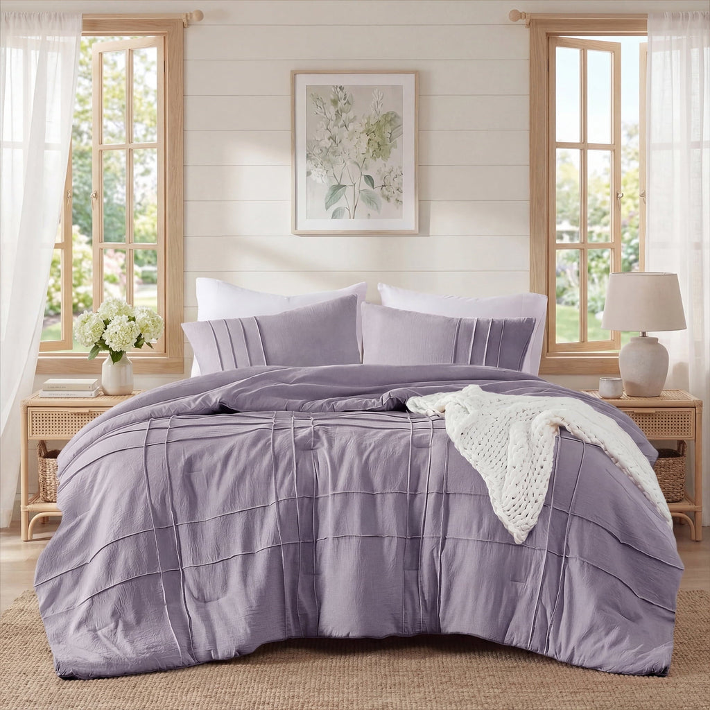 Luxurious Quilted Full/Queen Comforter Set, Boho 3-Piece Pintuck Stitching Bedding Set, Soft Washed Pleated Bed Sets with Pillow Shams,... - Luxurious Quilted Duvet Cover Set - Default Title