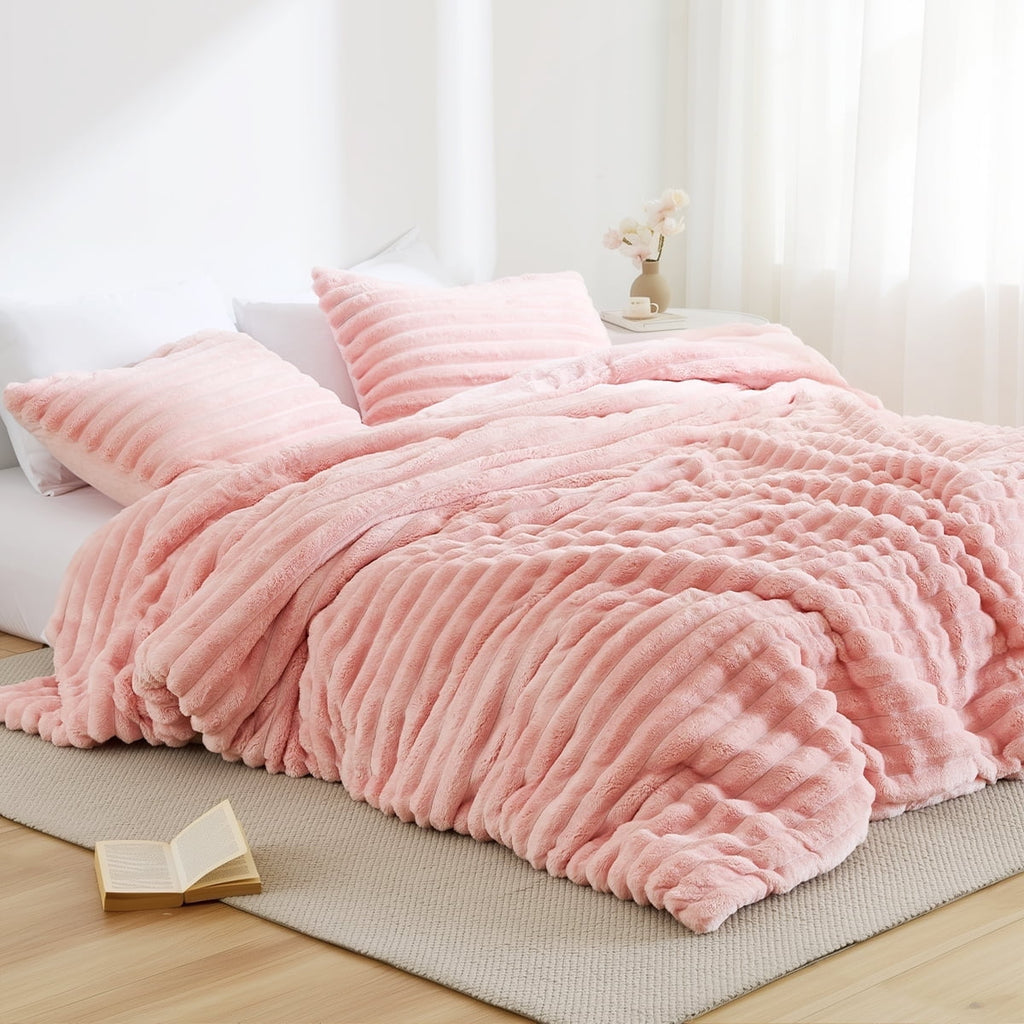 Heavyweight Warmth Full/Queen Size Comforter Set, Fluffy Ribbed Plush Comforter Set, 3-Piece Bedding Set, Pink - Luxurious Quilted Duvet Cover Set - Default Title