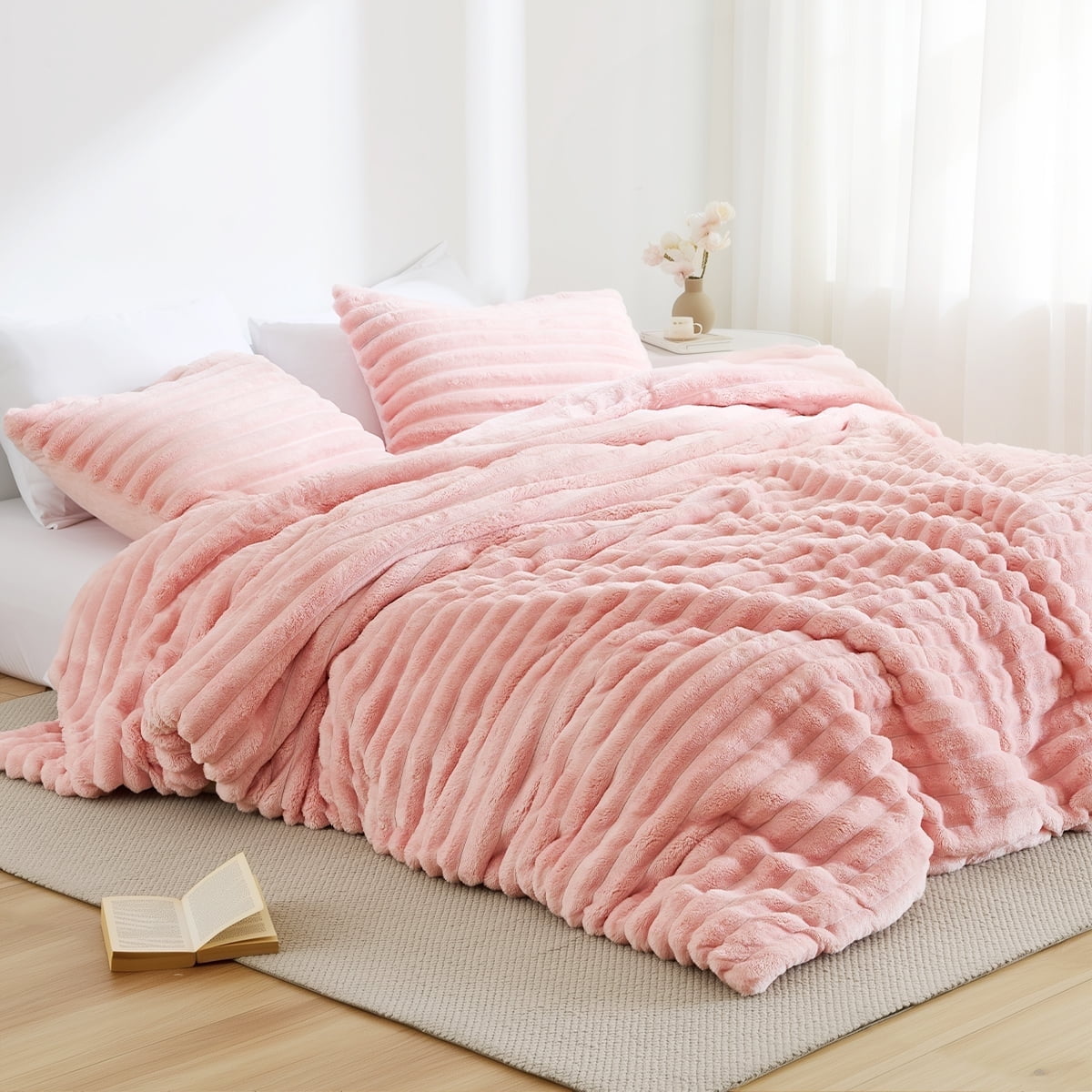 Heavyweight Warmth Full/Queen Size Comforter Set, Fluffy Ribbed Plush Comforter Set, 3-Piece Bedding Set, Pink - Luxurious Quilted Duvet Cover Set - Default Title