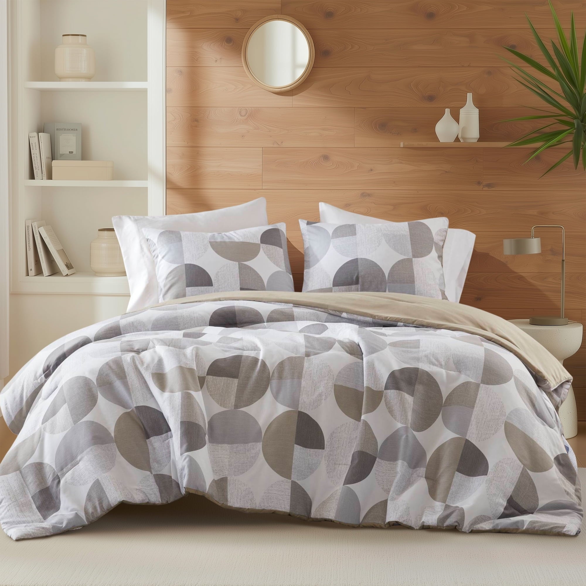 Hypoallergenic Cloud Full/Queen Size Comforter Set, Tan/Gray Bedding Set for All Seasons, 3-Piece Round Geometric Print Bedding Comforter Set - All-Season Down Alternative Comforter Insert - Default Title