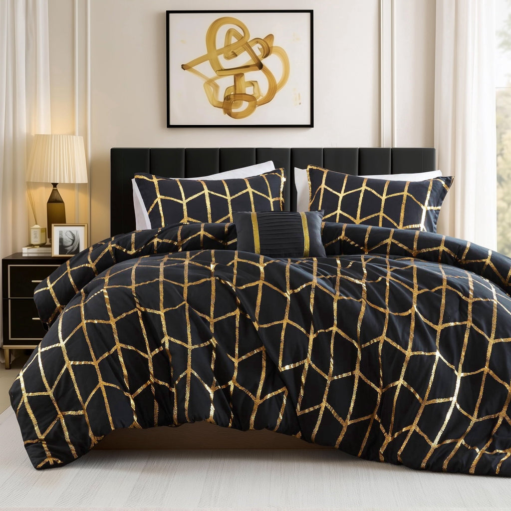 Heavyweight Warmth Full/Queen Size Comforter Set, 4-Piece Bedding Set for All Seasons, Geometric Metallic Comforter Bed Set with Decor P... - Hypoallergenic Ultra-Fluffy Quilt for Winter - Default Title