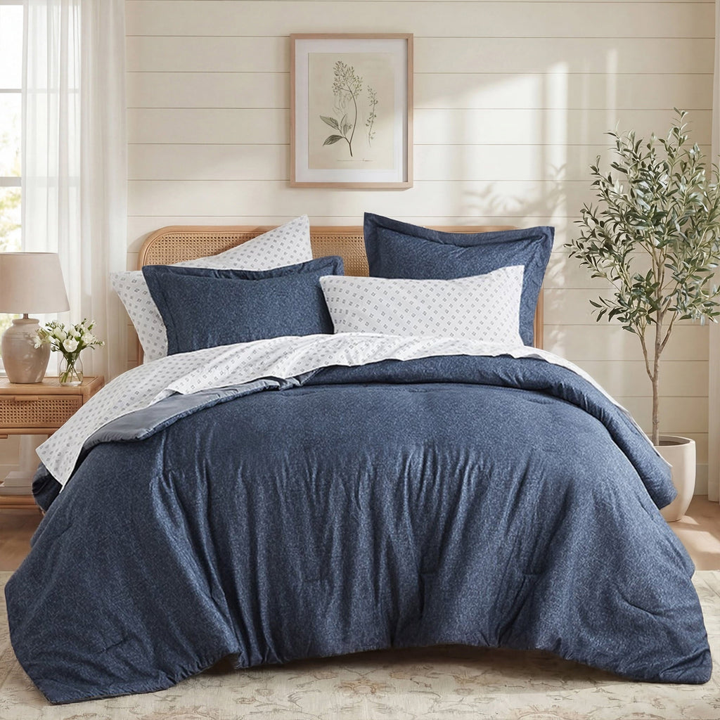 Luxurious Quilted Queen Size Comforter Set, 7-Piece Reversible Bed in a Bag with Sheets, Navy - All-Season Down Alternative Comforter Insert - Default Title