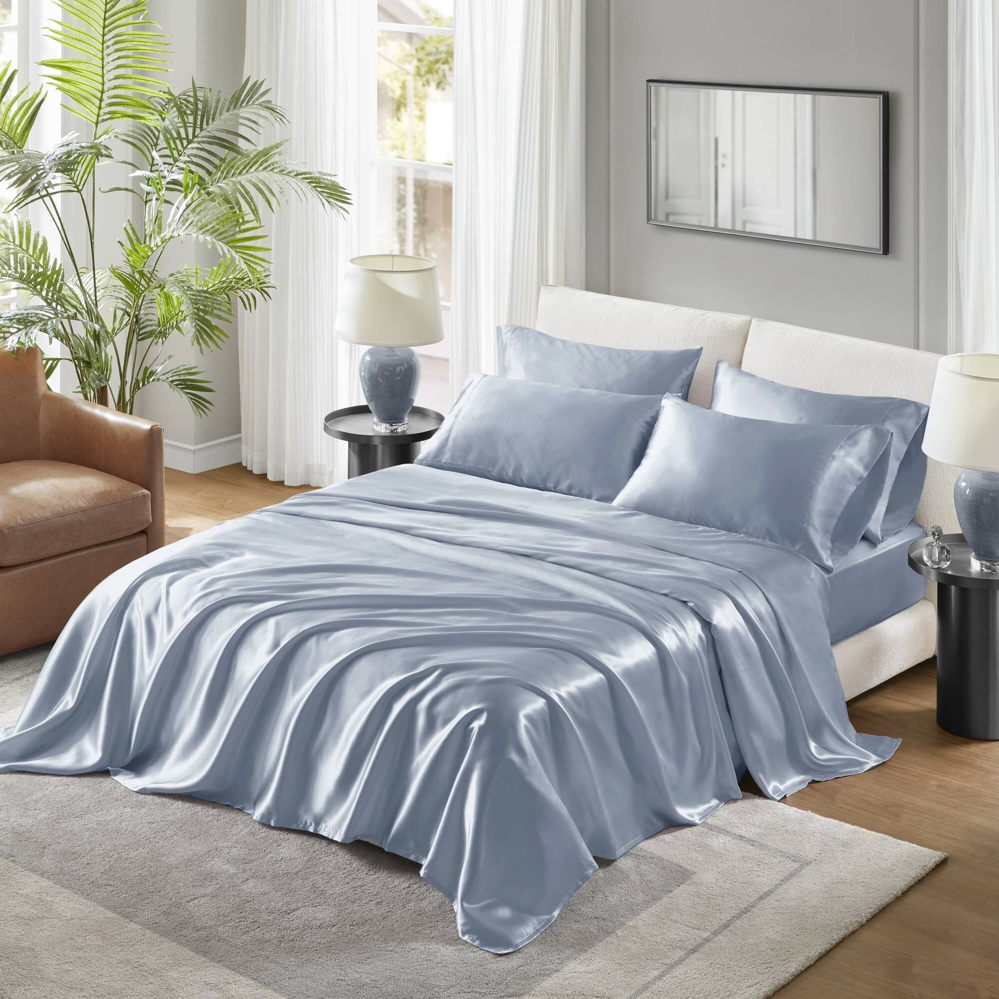 Premium Egyptian Cotton Satin Sheet Set, Twin Bed Sheets with Pillowcases, 4-Piece Luxury Silky Sheet Set, Blue, Gifts for Women - Cooling Hotel Quality Bedding Sheets and Pillowcases - Default Title