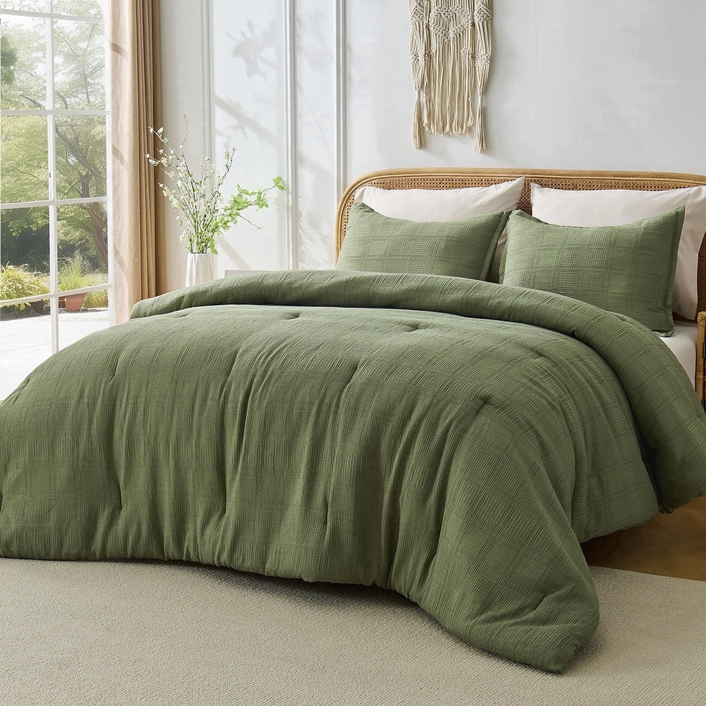 Fluffy Down Alternative Waffle Weave Comforter Set Full/Queen Size, Lightweight & Breathable Comforter Bet Set for All Season, 3-Piece Textur... - All-Season Down Alternative Comforter Insert - Default Title