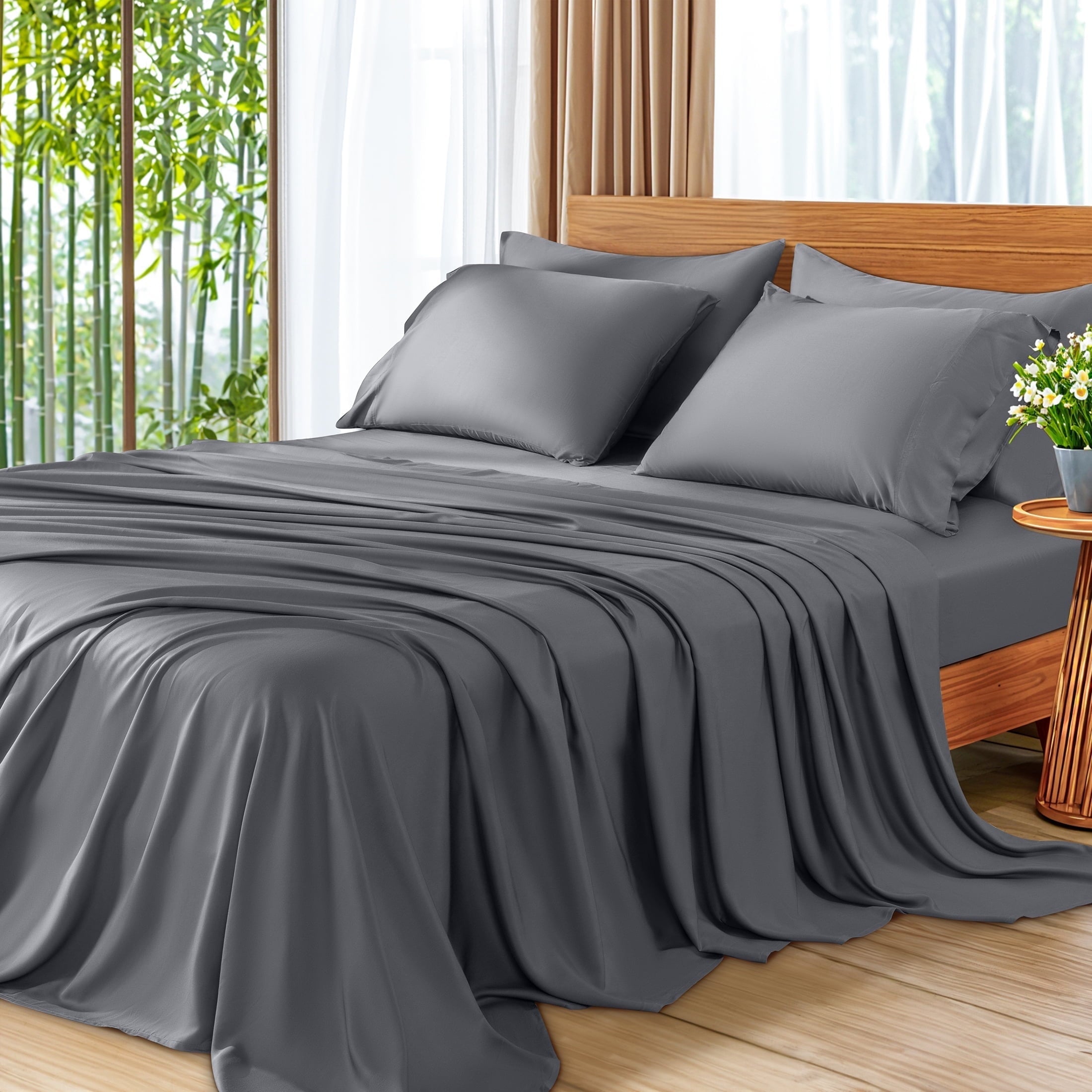 Premium Egyptian Cotton 6 Pieces Bamboo Bed Sheets Set, Luxury Rayon Derived - Deep Pockets - Wrinkle Free - Extremely Soft, Queen, Dark Gray - Breathable Egyptian Cotton Flat & Fitted Sheets - Default Title