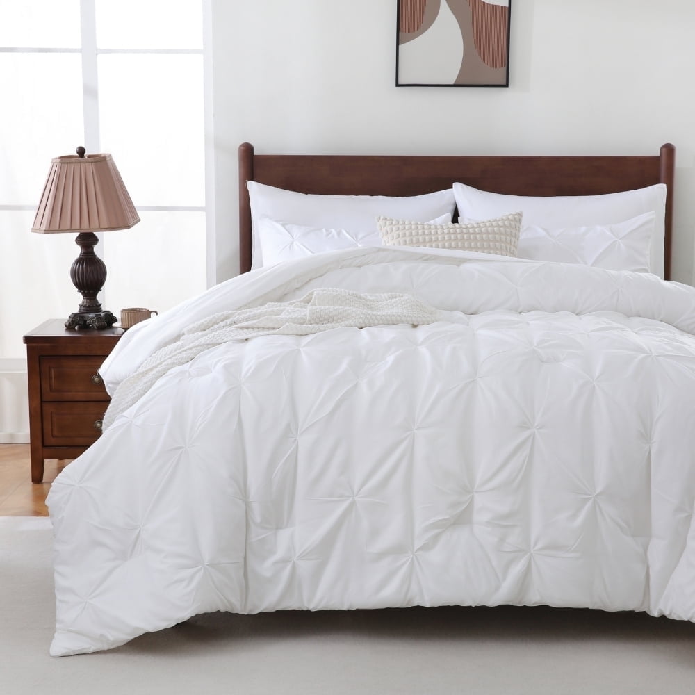 Fluffy Down Alternative 7 Pieces Pinch-Pleated Comforter Set, White Queen Size - Luxurious Quilted Duvet Cover Set - Default Title