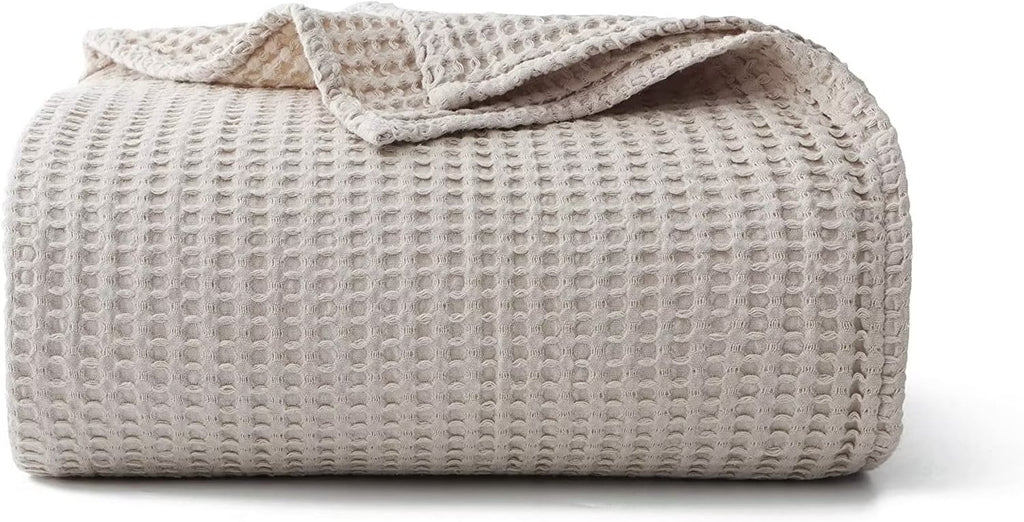 Lightweight Warm 100% Cotton Waffle Bed Blanket King Size, Throw Blanket for Couch All Seasons (Beige, 104x90) - Cozy Fleece Throw Blanket for Couch & Bed - Default Title